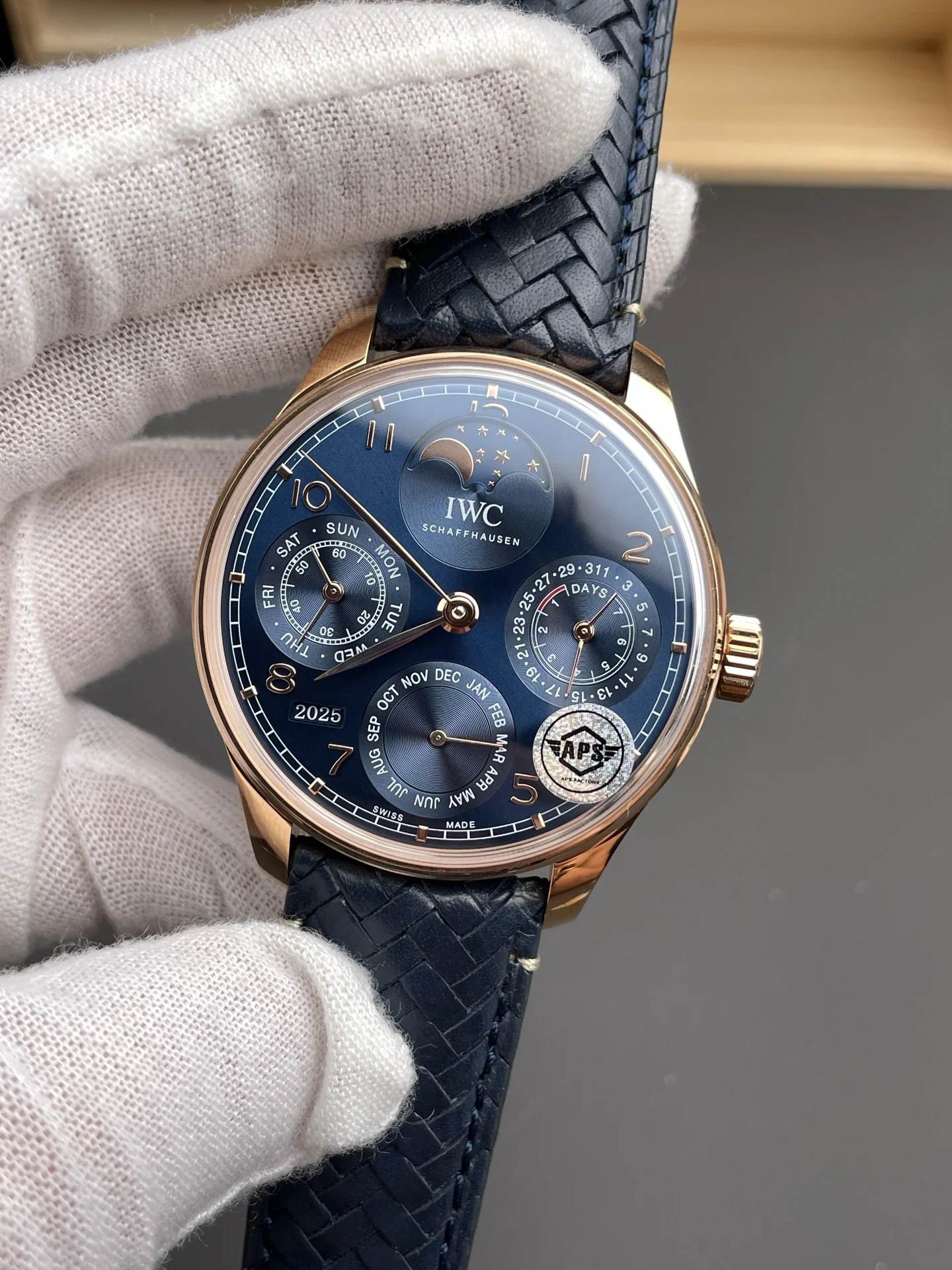IWC Portugieser Perpetual Calendar Rose Gold Blue Dial — photographed off the sweep