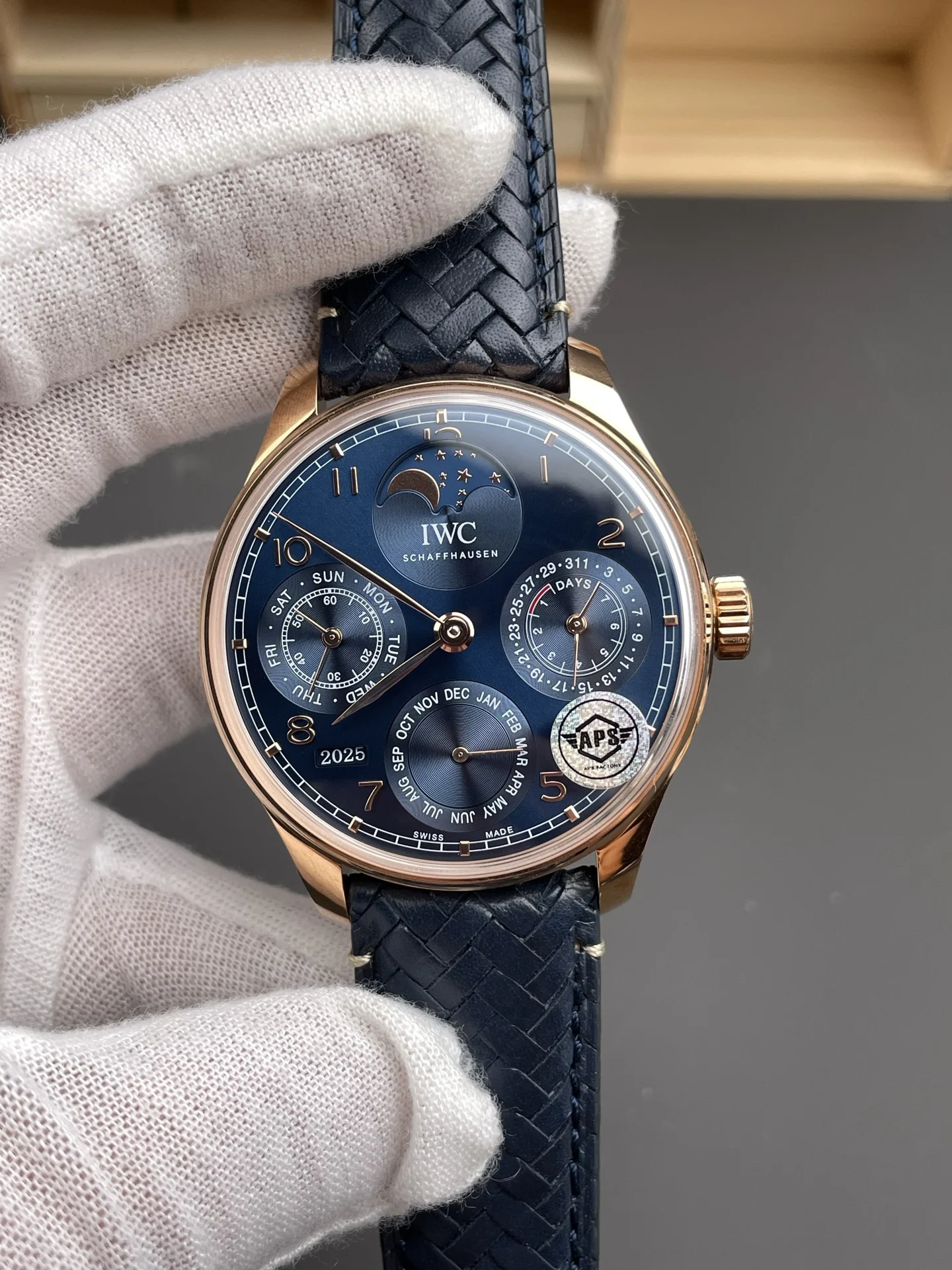 IWC Portugieser Perpetual Calendar Rose Gold Blue Dial — photographed off the sweep