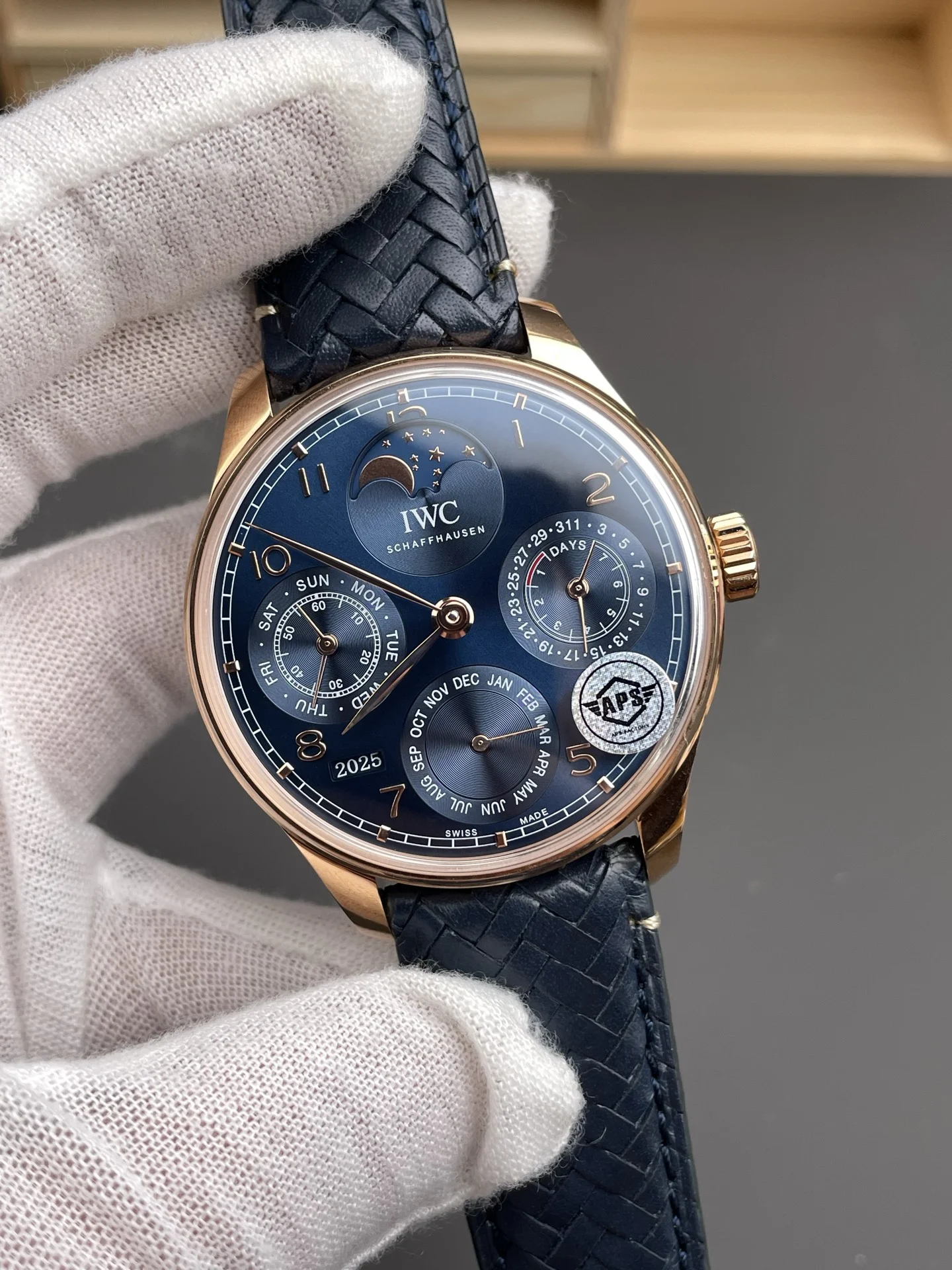 IWC Portugieser Perpetual Calendar Rose Gold Blue Dial — photographed off the sweep