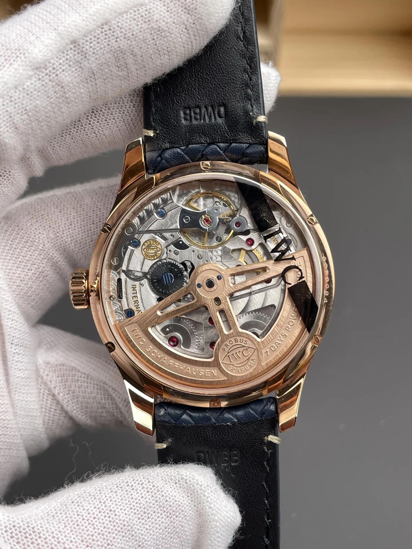 IWC Portugieser Perpetual Calendar Rose Gold Blue Dial — photographed off the sweep