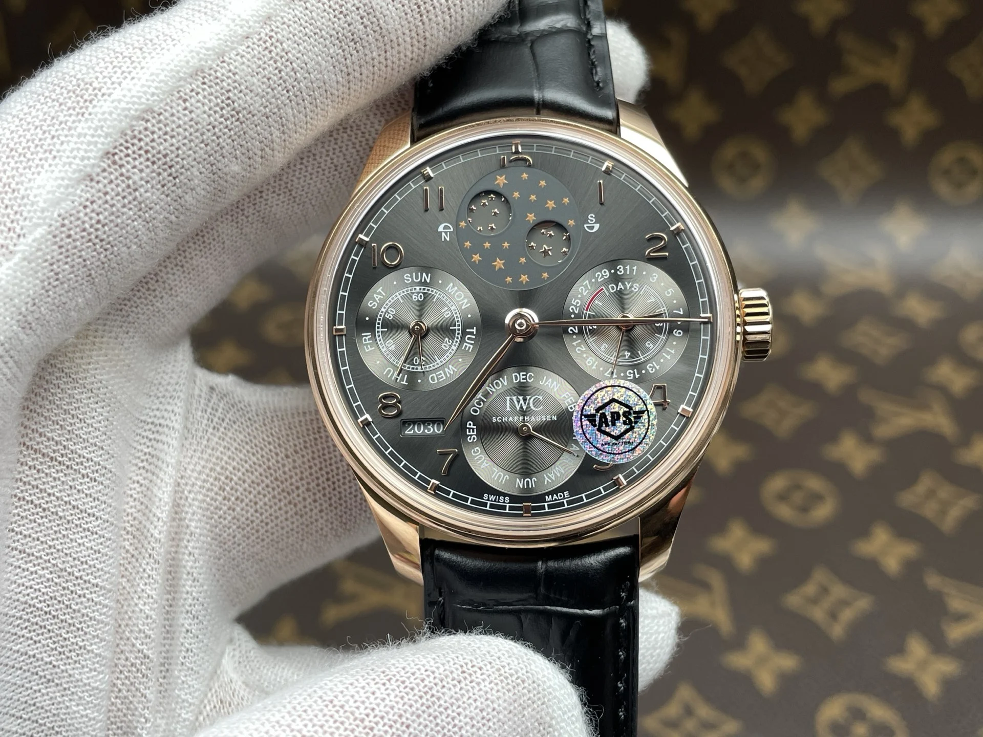 IWC Portugieser Perpetual Calendar Rose Gold Grey Dial — photographed off the sweep