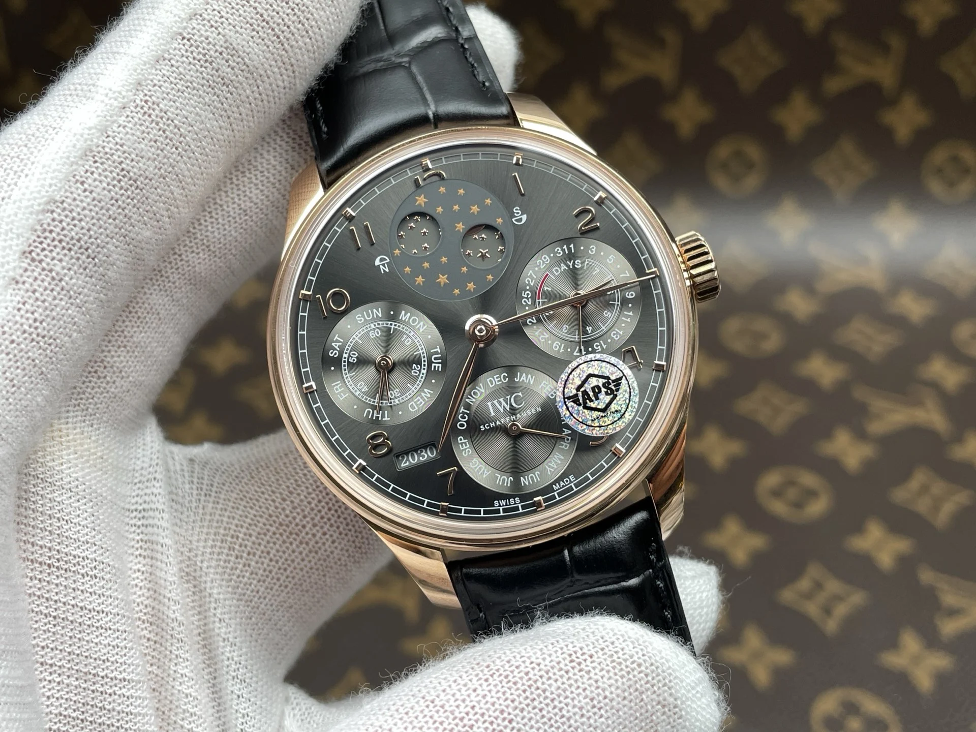 IWC Portugieser Perpetual Calendar Rose Gold Grey Dial — photographed off the sweep
