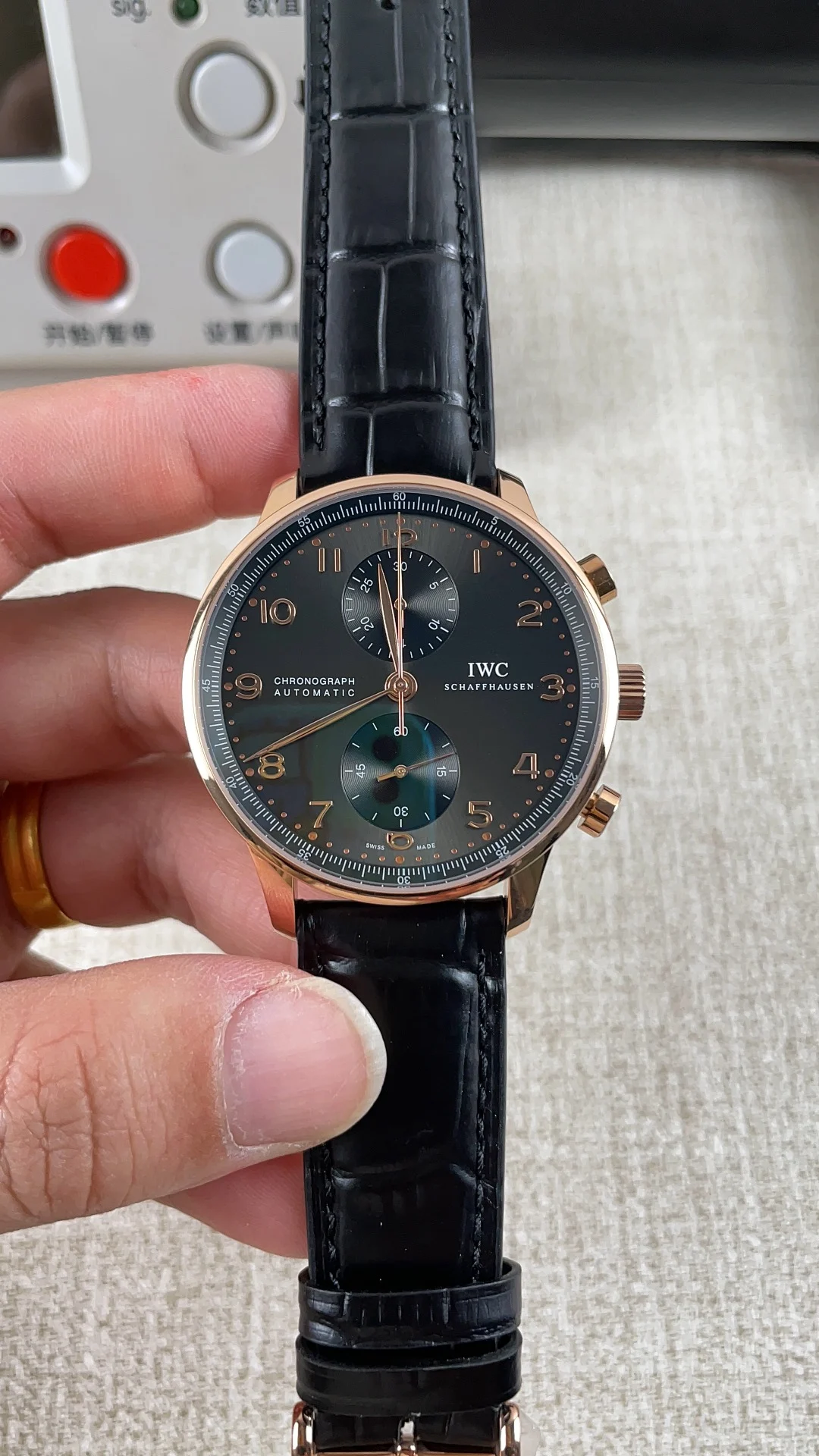 IWC Portugieser Rose Gold Black Dial — photographed off the sweep