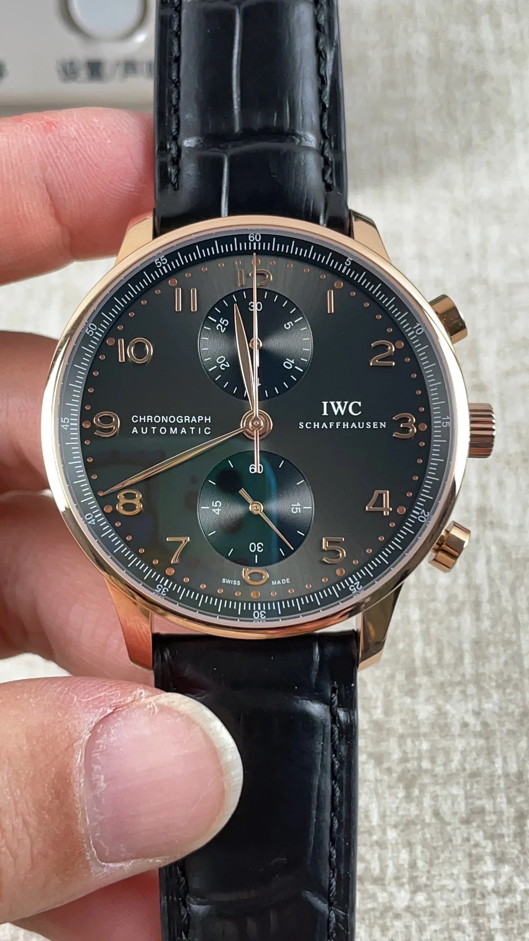 IWC Portugieser Rose Gold Black Dial — photographed off the sweep