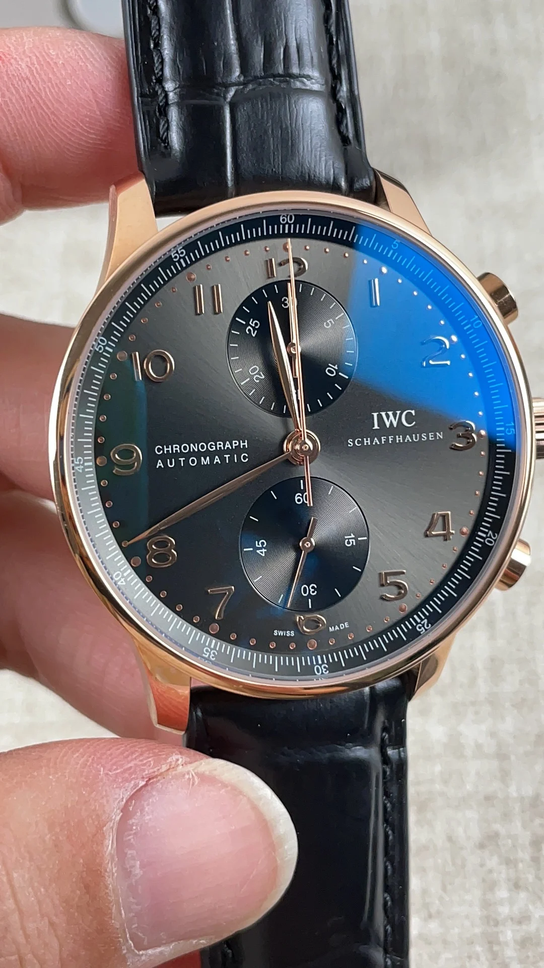 IWC Portugieser Rose Gold Black Dial — photographed off the sweep
