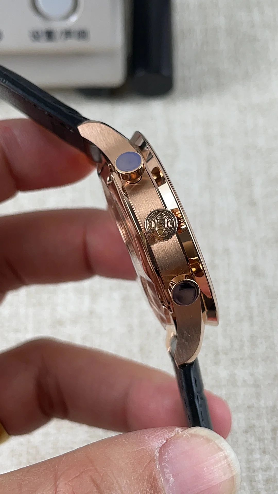 IWC Portugieser Rose Gold Black Dial — photographed off the sweep