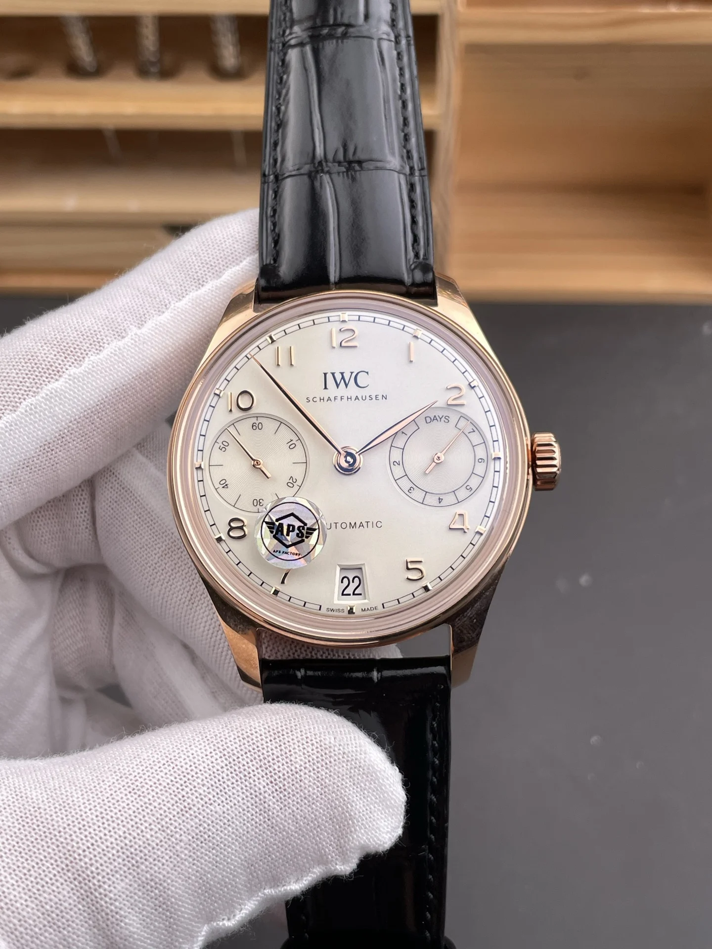 IWC Portugieser Rose Gold White Dial — photographed off the sweep