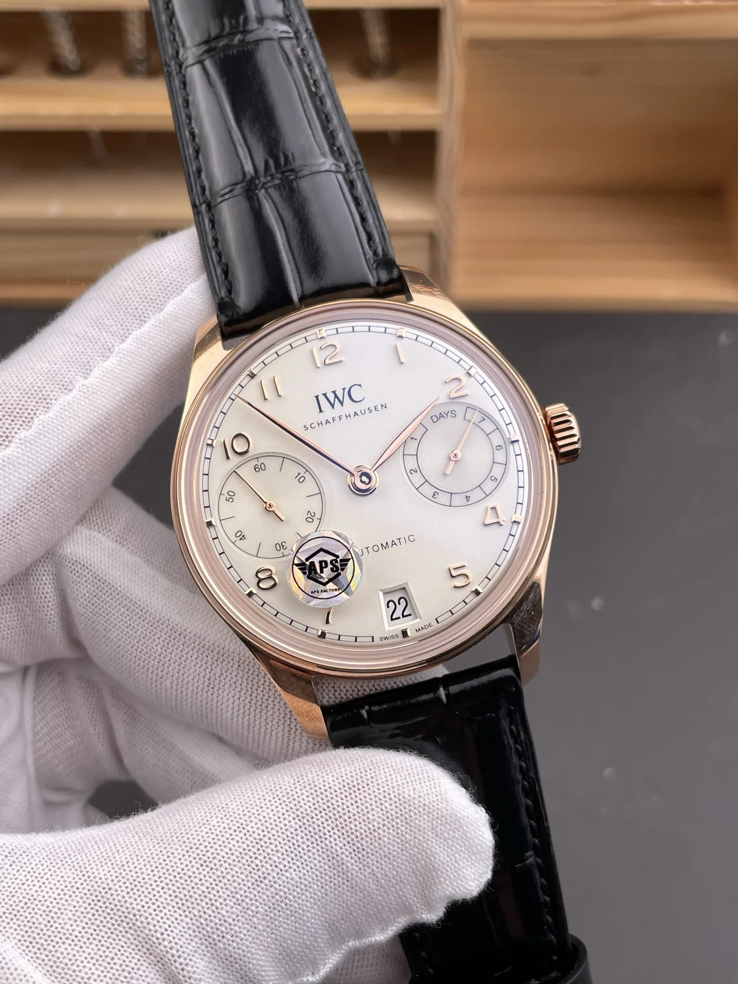 IWC Portugieser Rose Gold White Dial — photographed off the sweep