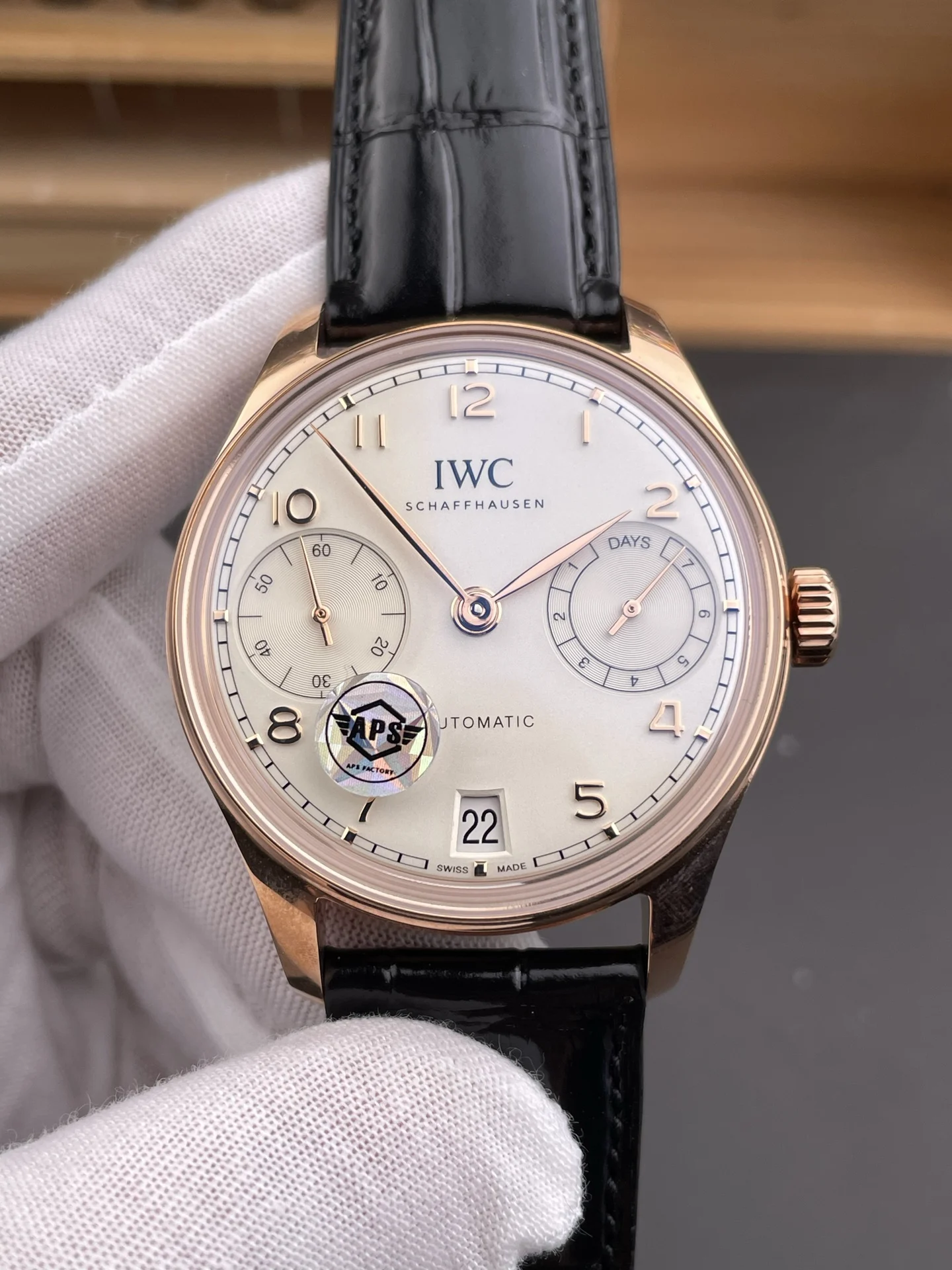 IWC Portugieser Rose Gold White Dial — photographed off the sweep