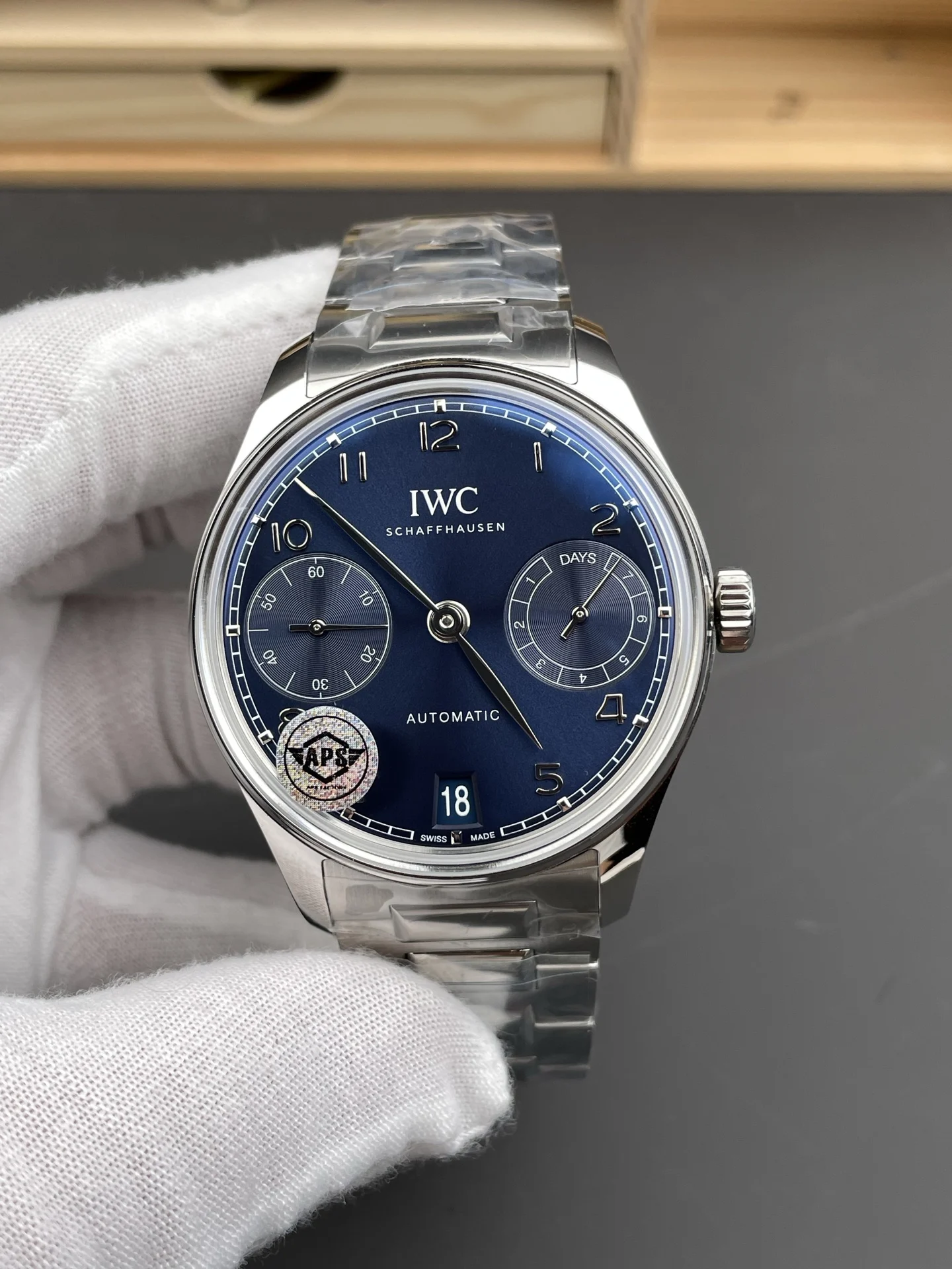 IWC Portugieser Steel Blue Dial 42.4mm — photographed off the sweep