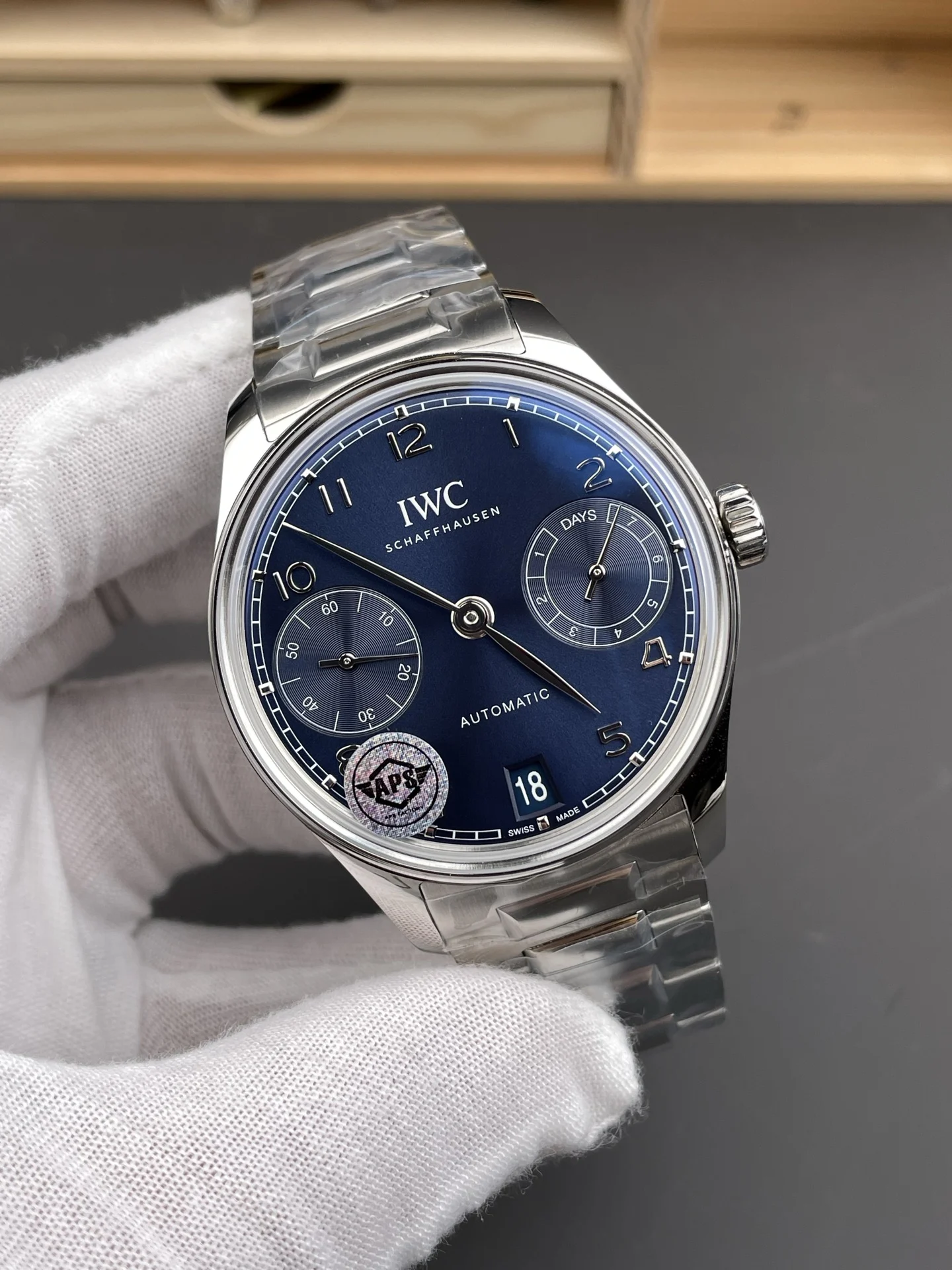 IWC Portugieser Steel Blue Dial 42.4mm — photographed off the sweep