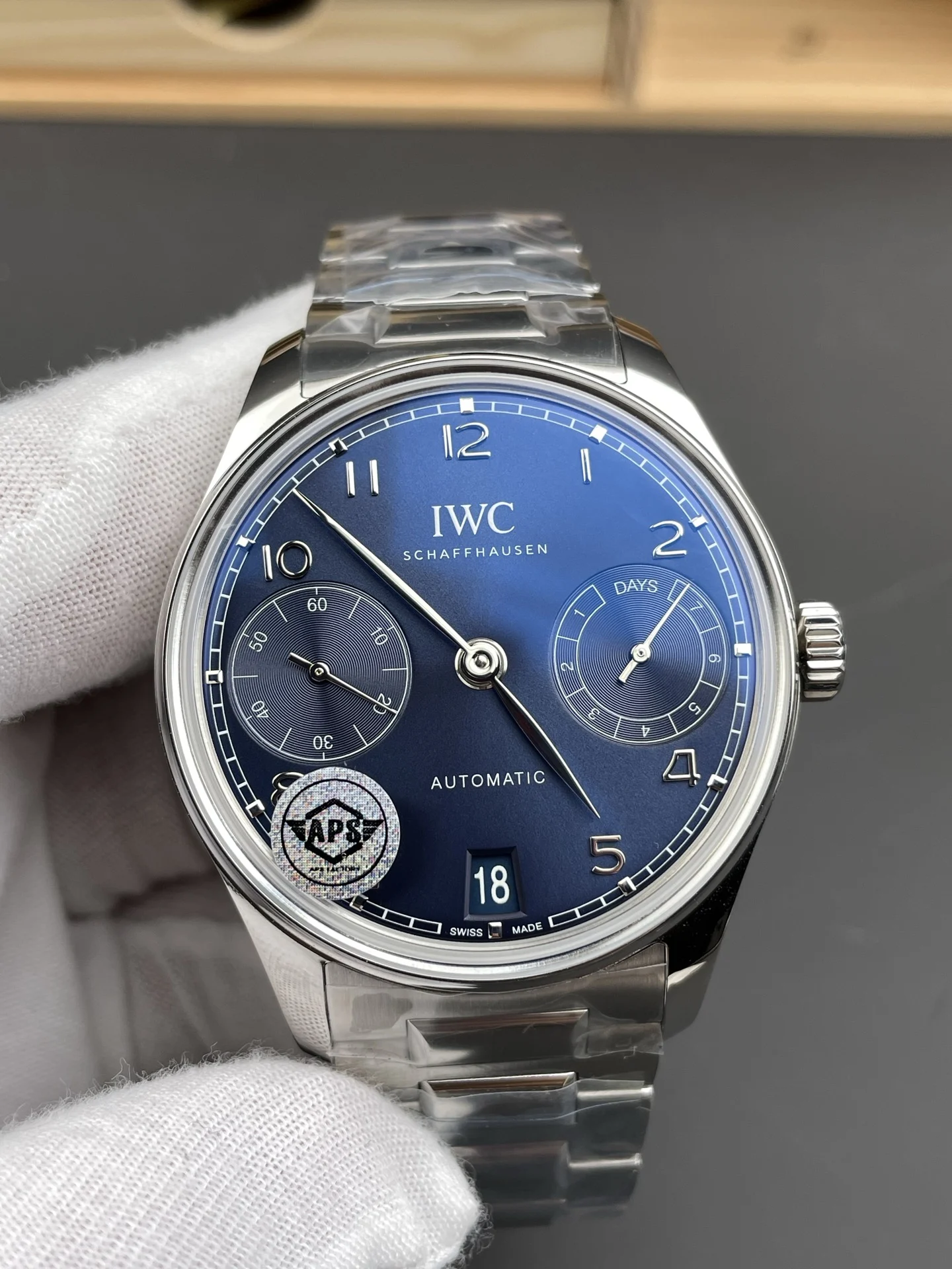 IWC Portugieser Steel Blue Dial 42.4mm — photographed off the sweep