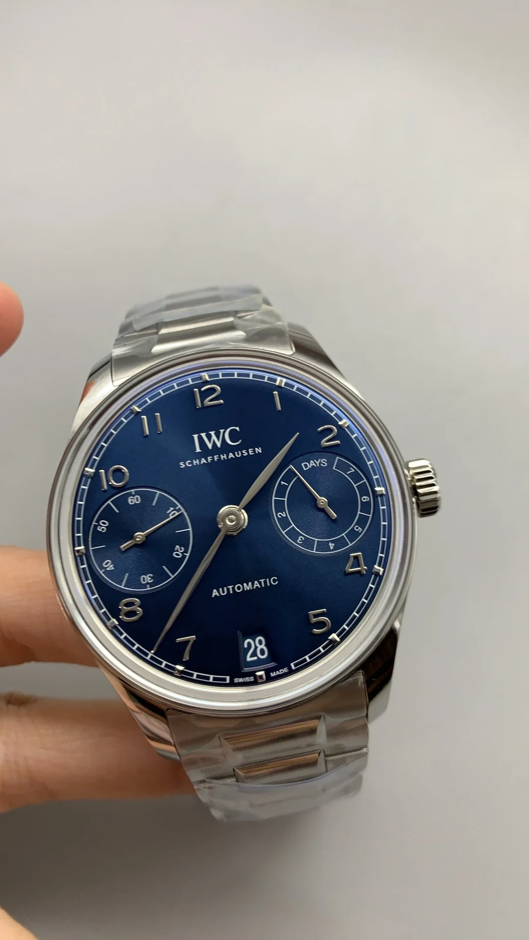 IWC Portugieser Steel Blue Dial — photographed off the sweep