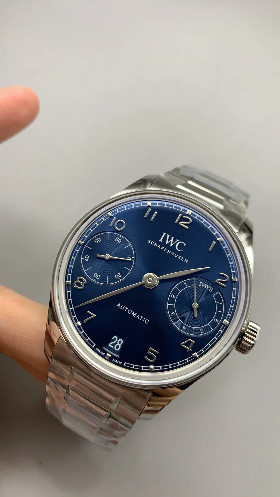 IWC Portugieser Steel Blue Dial — photographed off the sweep