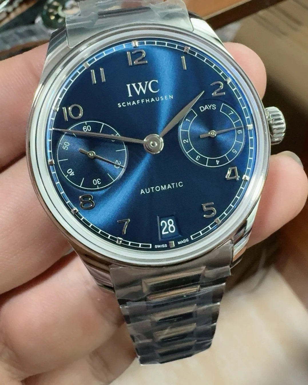 IWC Portugieser Steel Blue Dial — photographed off the sweep