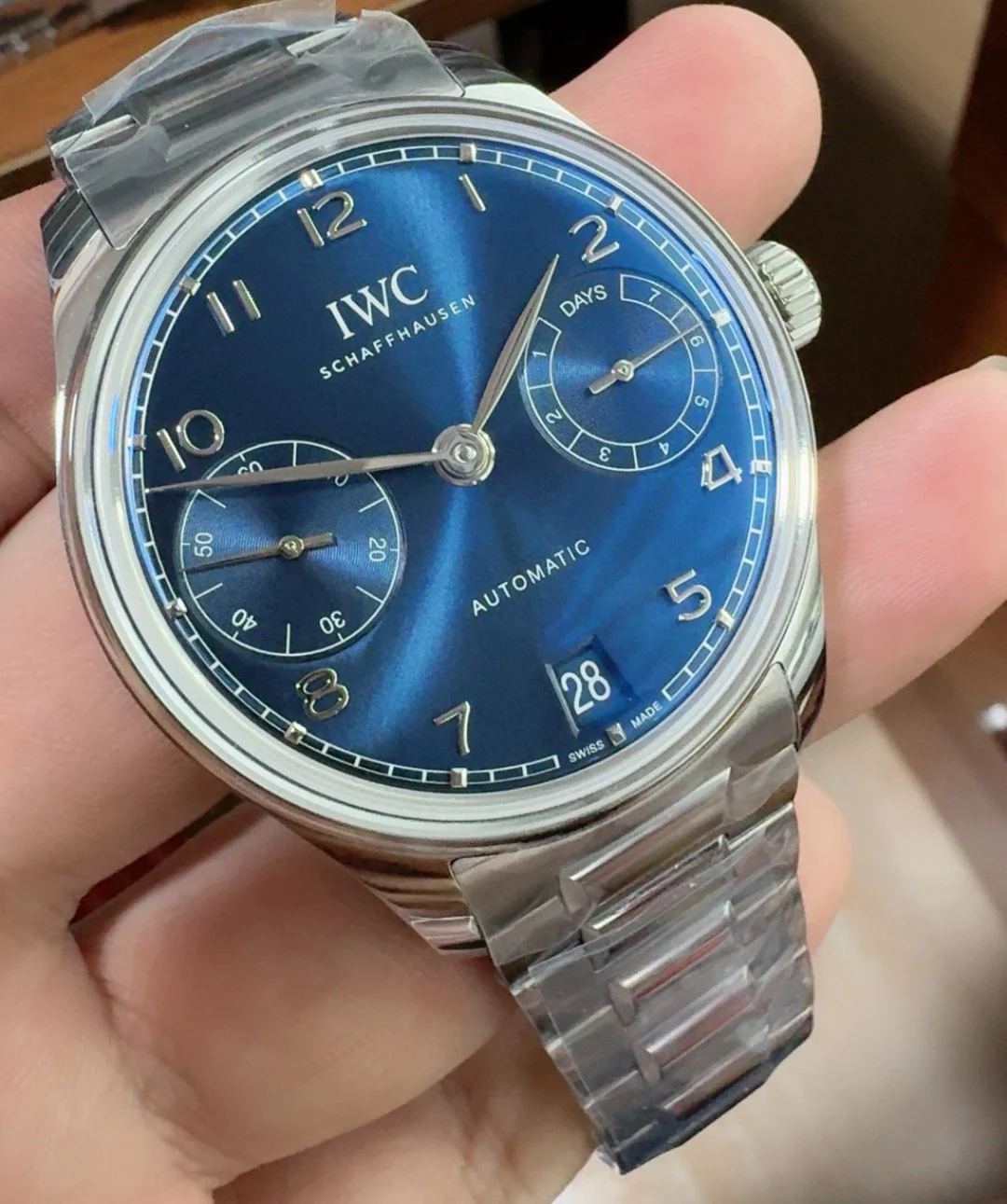 IWC Portugieser Steel Blue Dial — photographed off the sweep