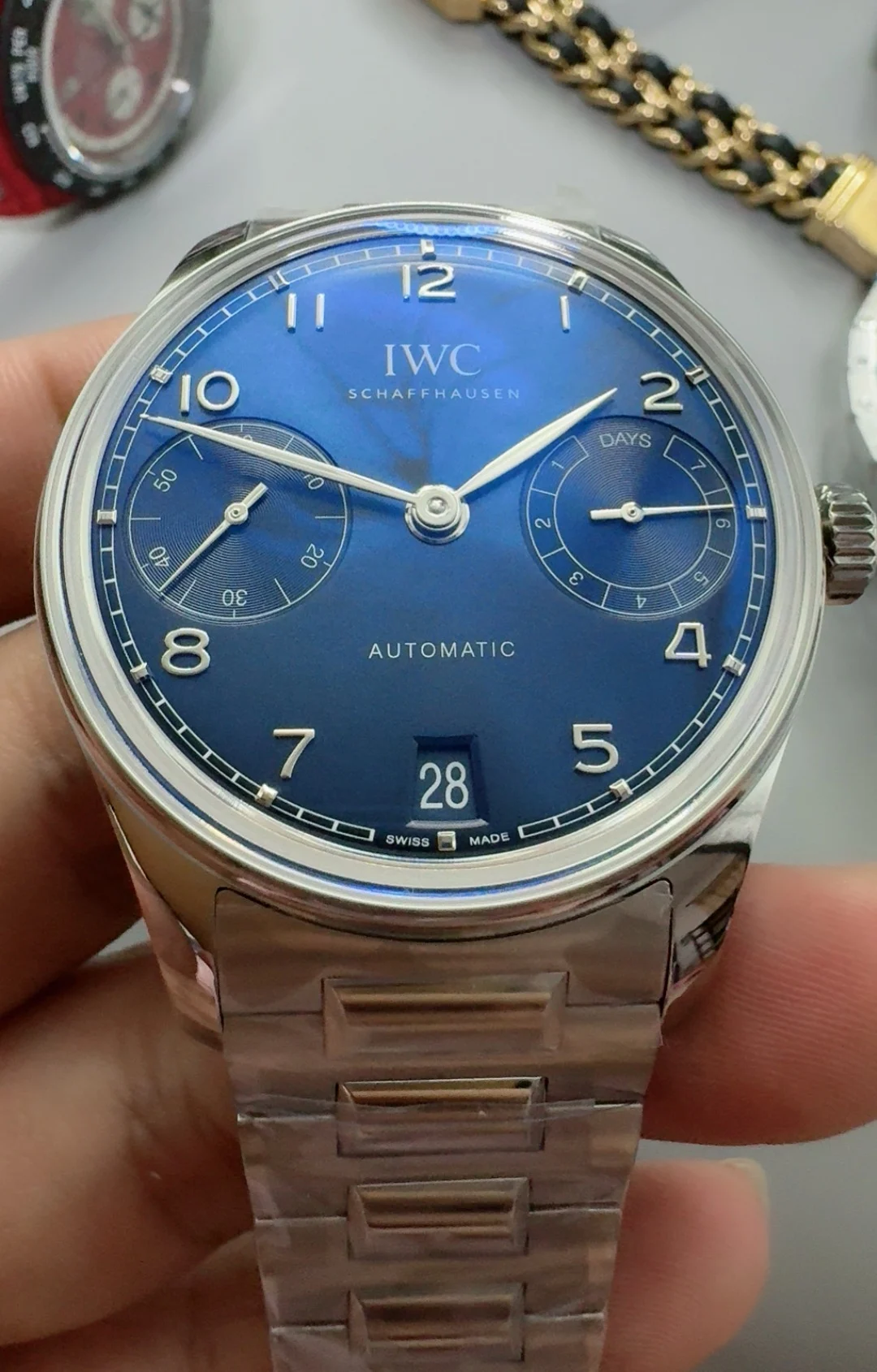 IWC Portugieser Steel Blue Dial — photographed off the sweep