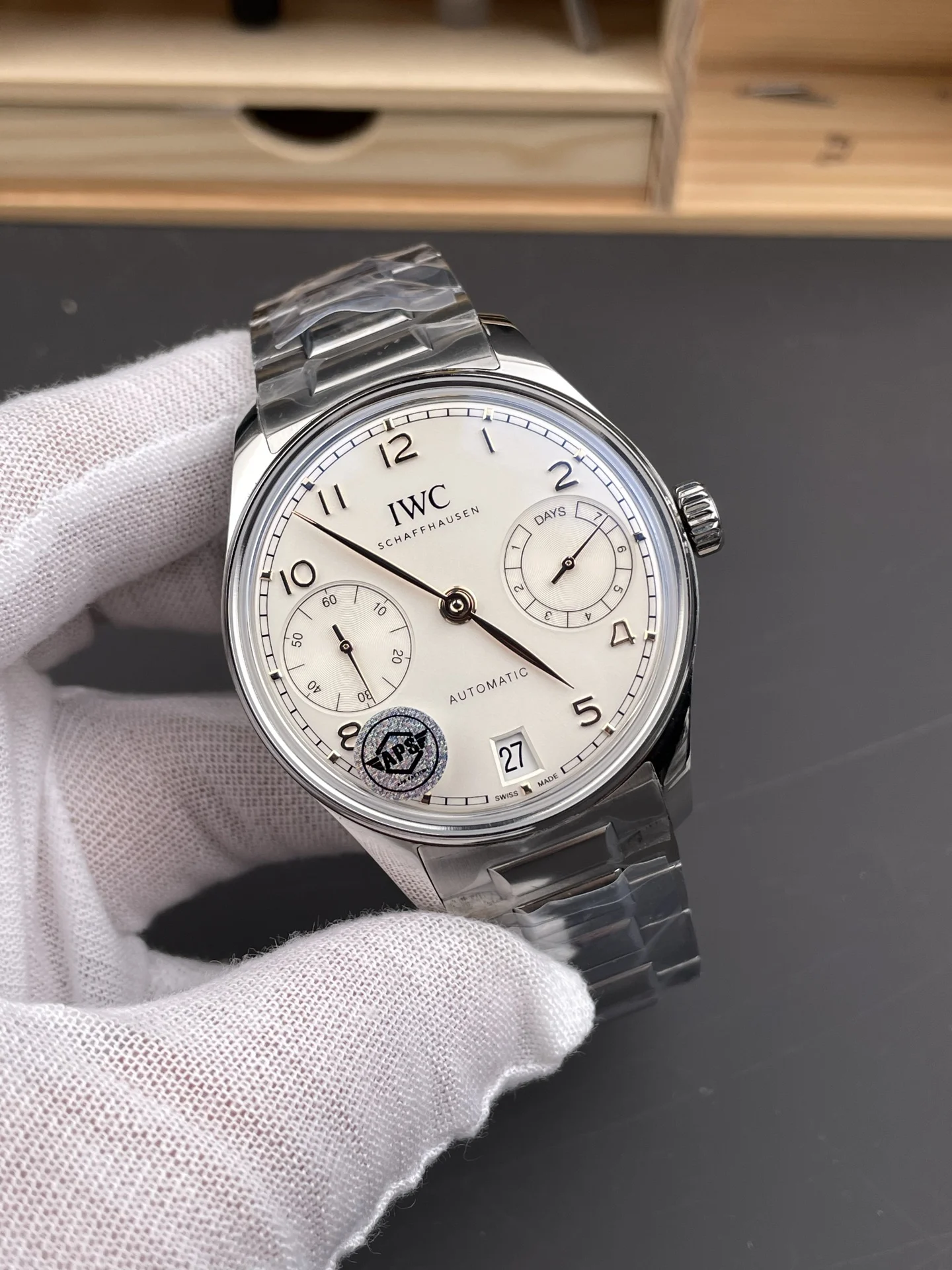 IWC Portugieser Steel White Dial 42.4mm — photographed off the sweep