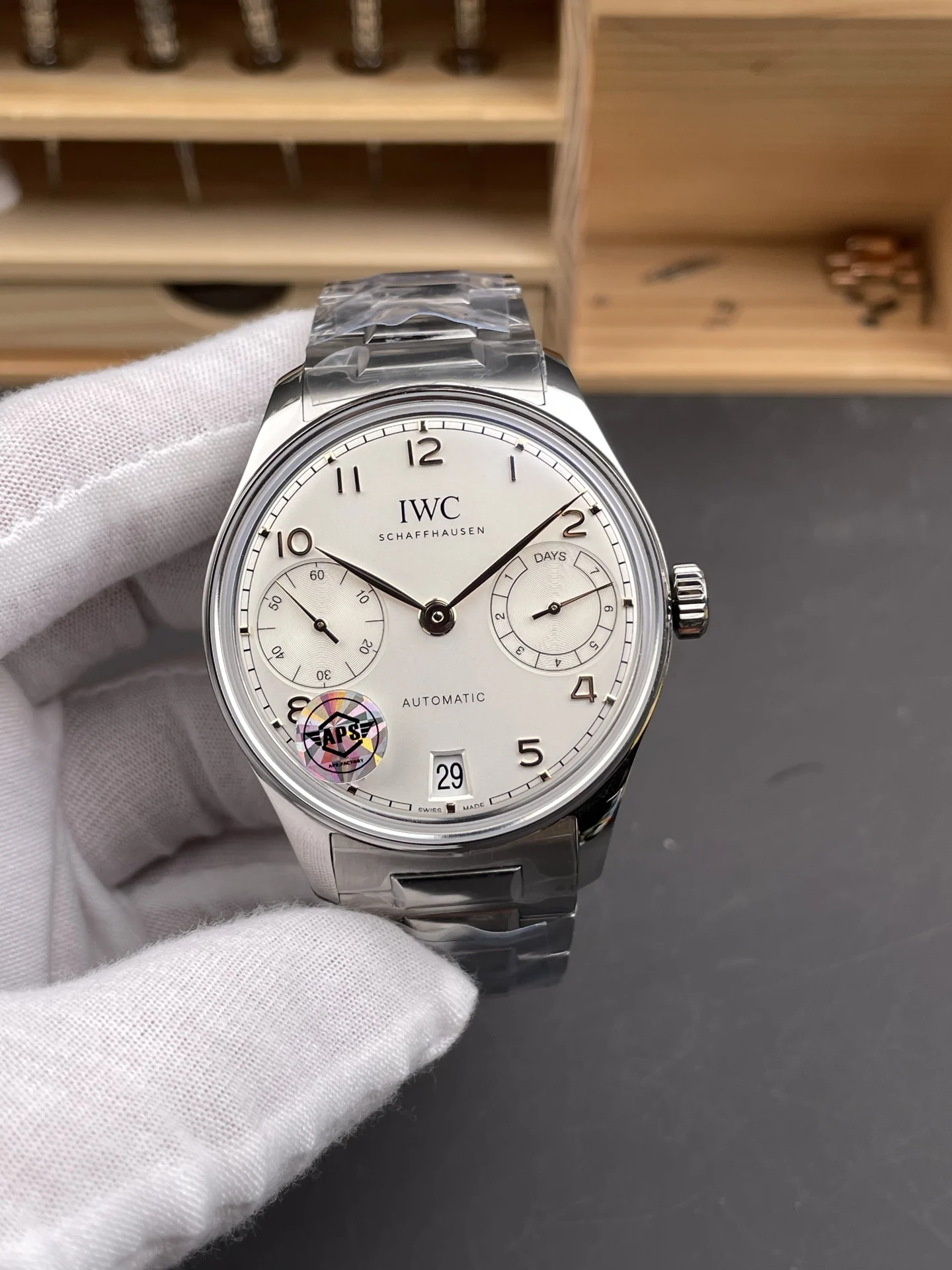IWC Portugieser Steel White Dial 42.4mm — photographed off the sweep