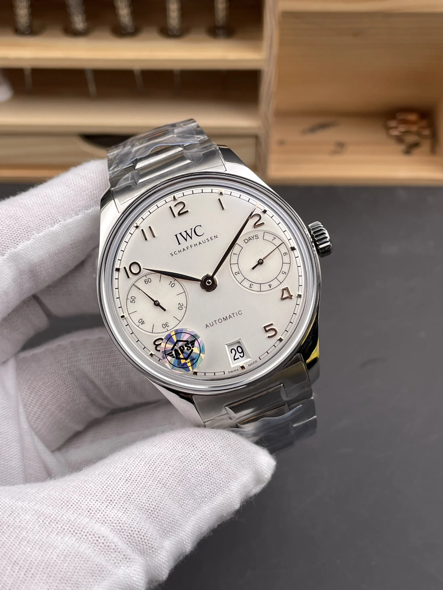 IWC Portugieser Steel White Dial 42.4mm — photographed off the sweep