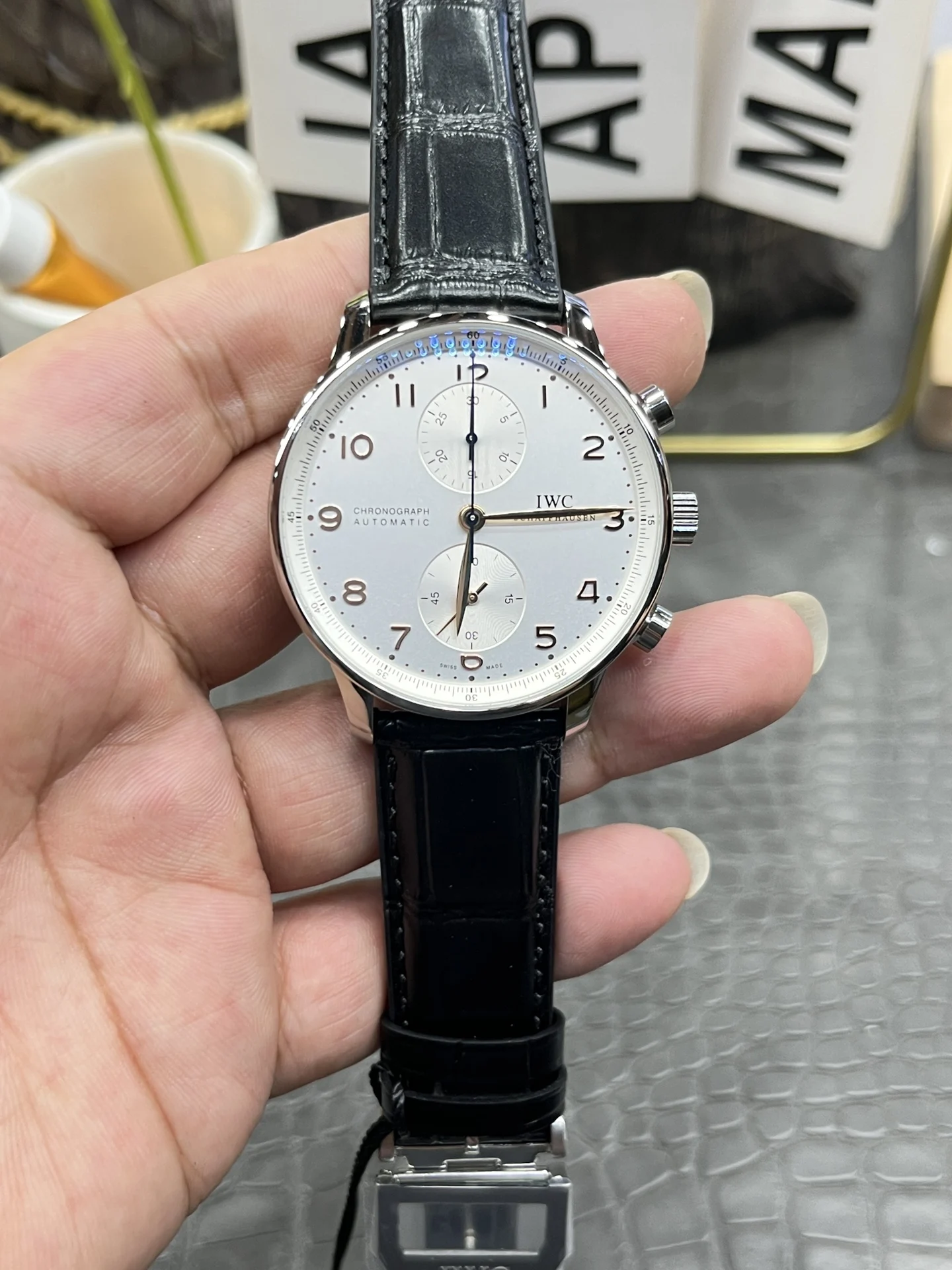 IWC Portugieser White Dial 40.9mm — photographed off the sweep