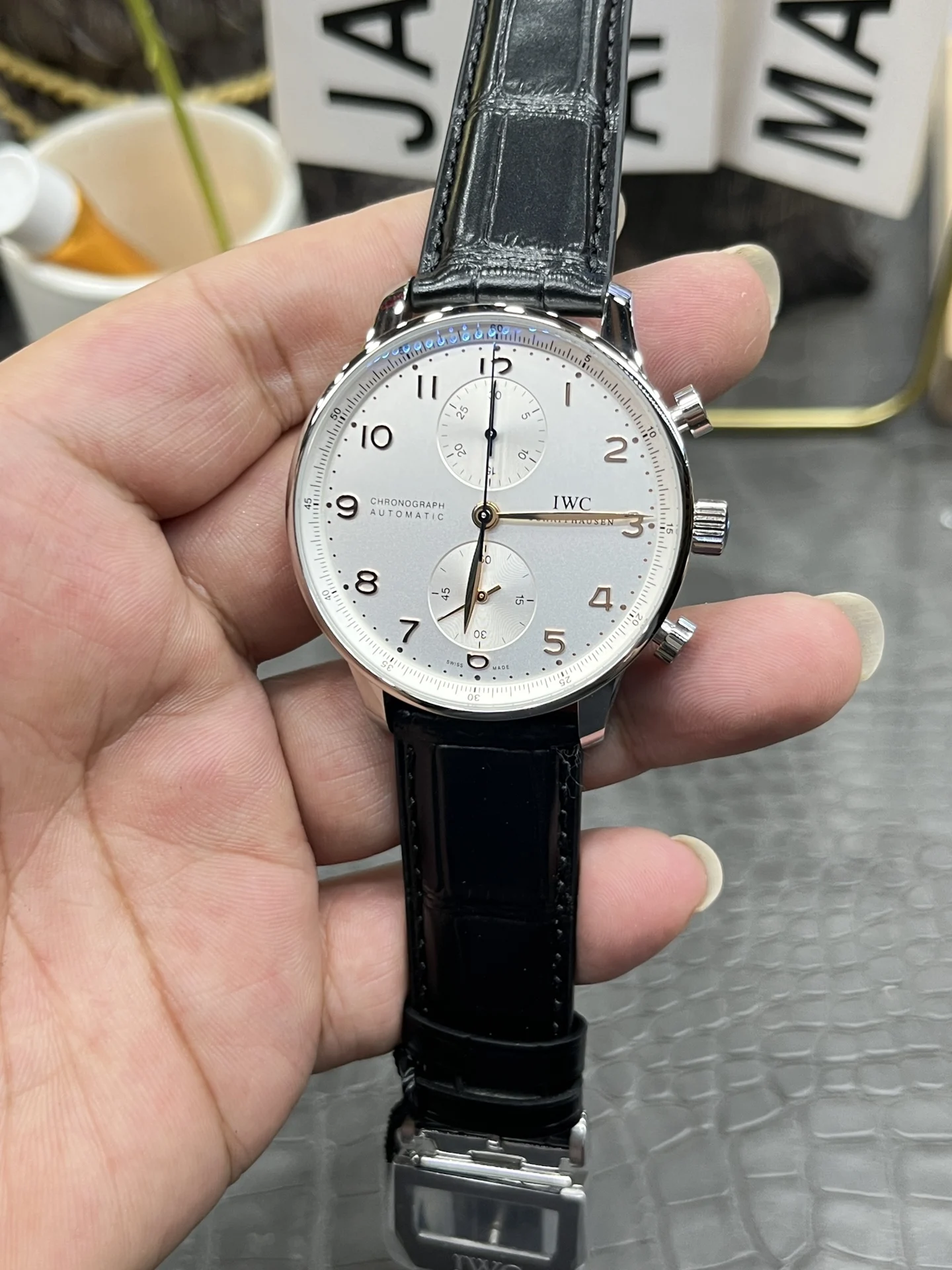 IWC Portugieser White Dial 40.9mm — photographed off the sweep