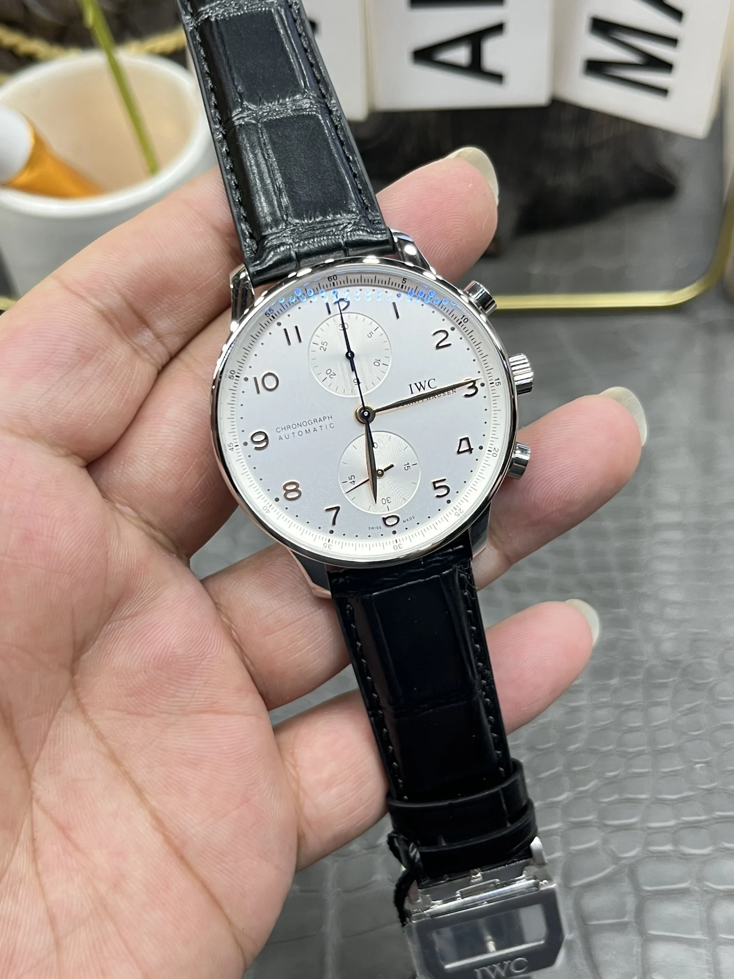 IWC Portugieser White Dial 40.9mm — photographed off the sweep
