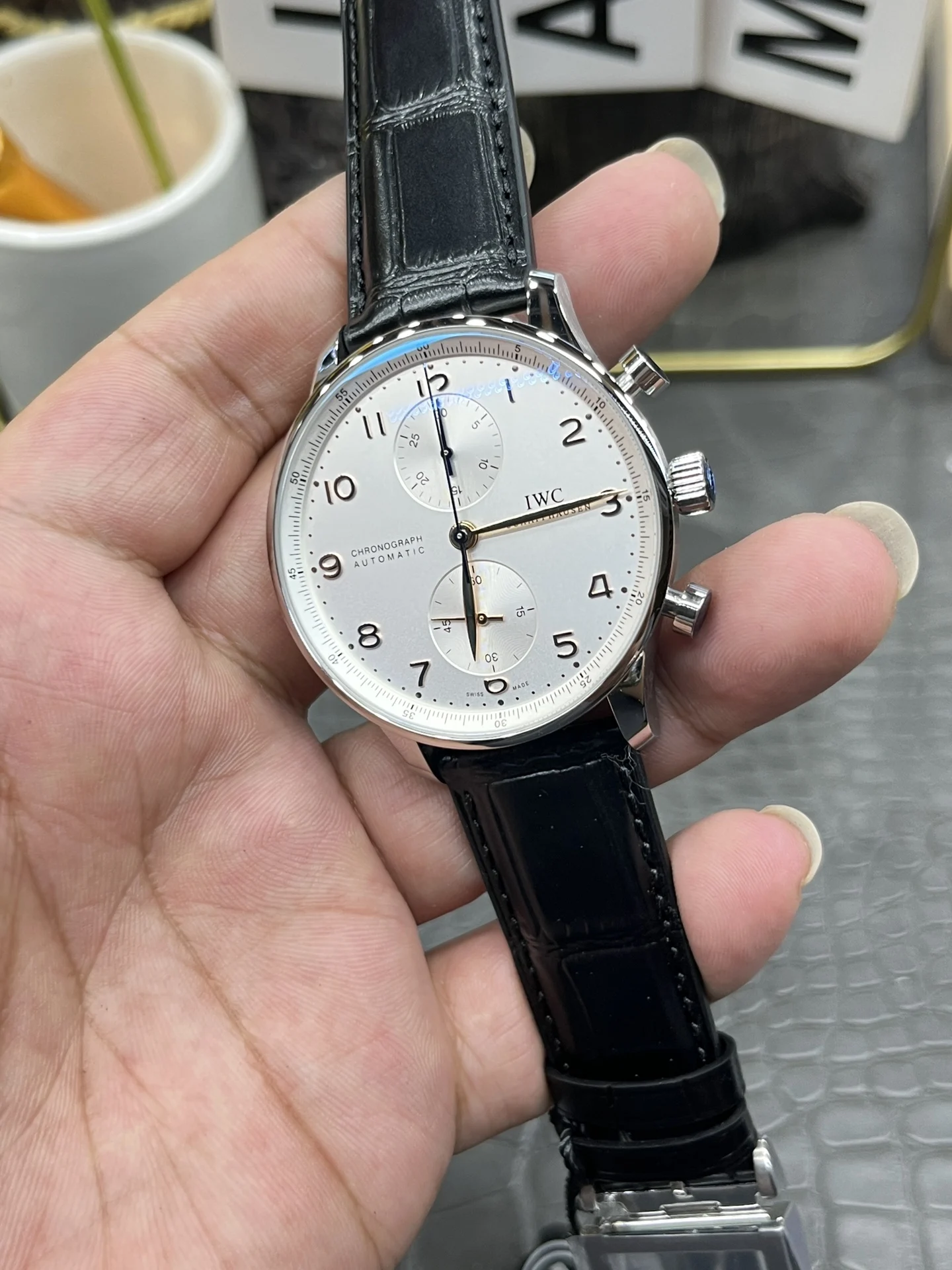 IWC Portugieser White Dial 40.9mm — photographed off the sweep