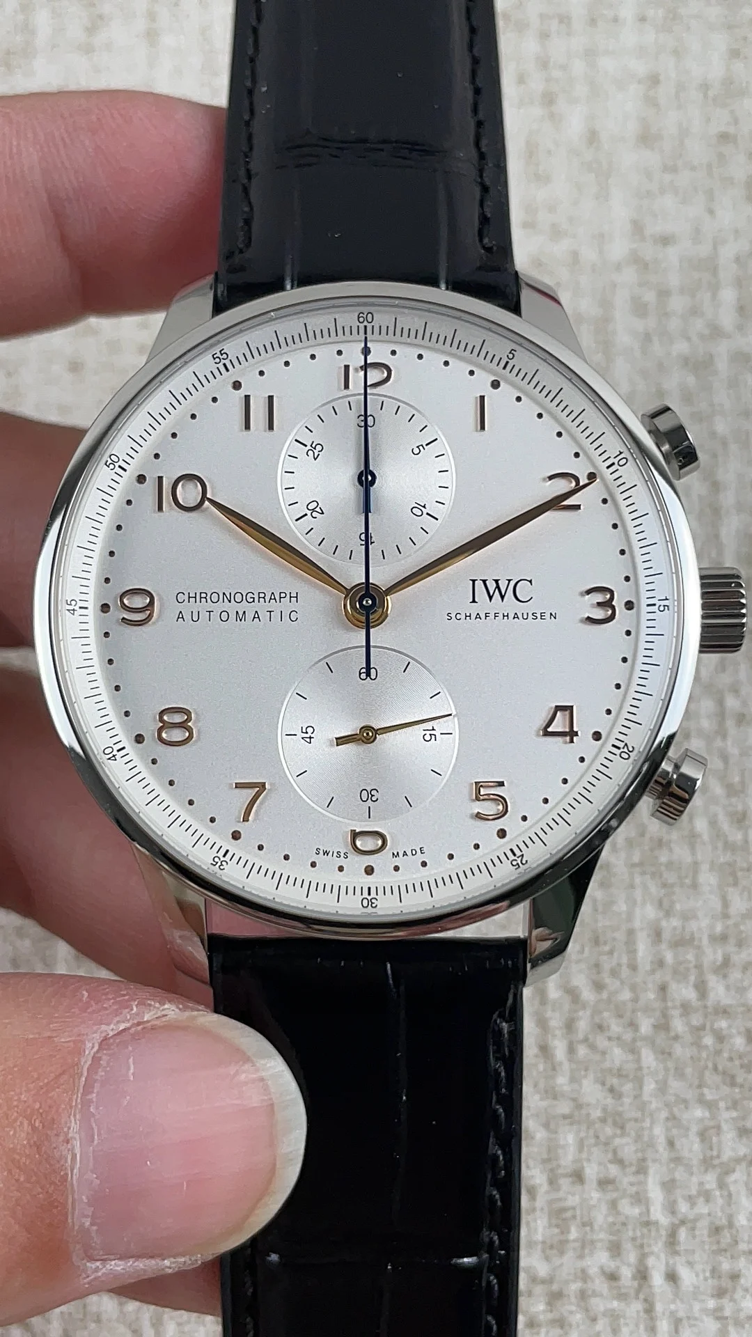 IWC Portugieser White Dial — photographed off the sweep