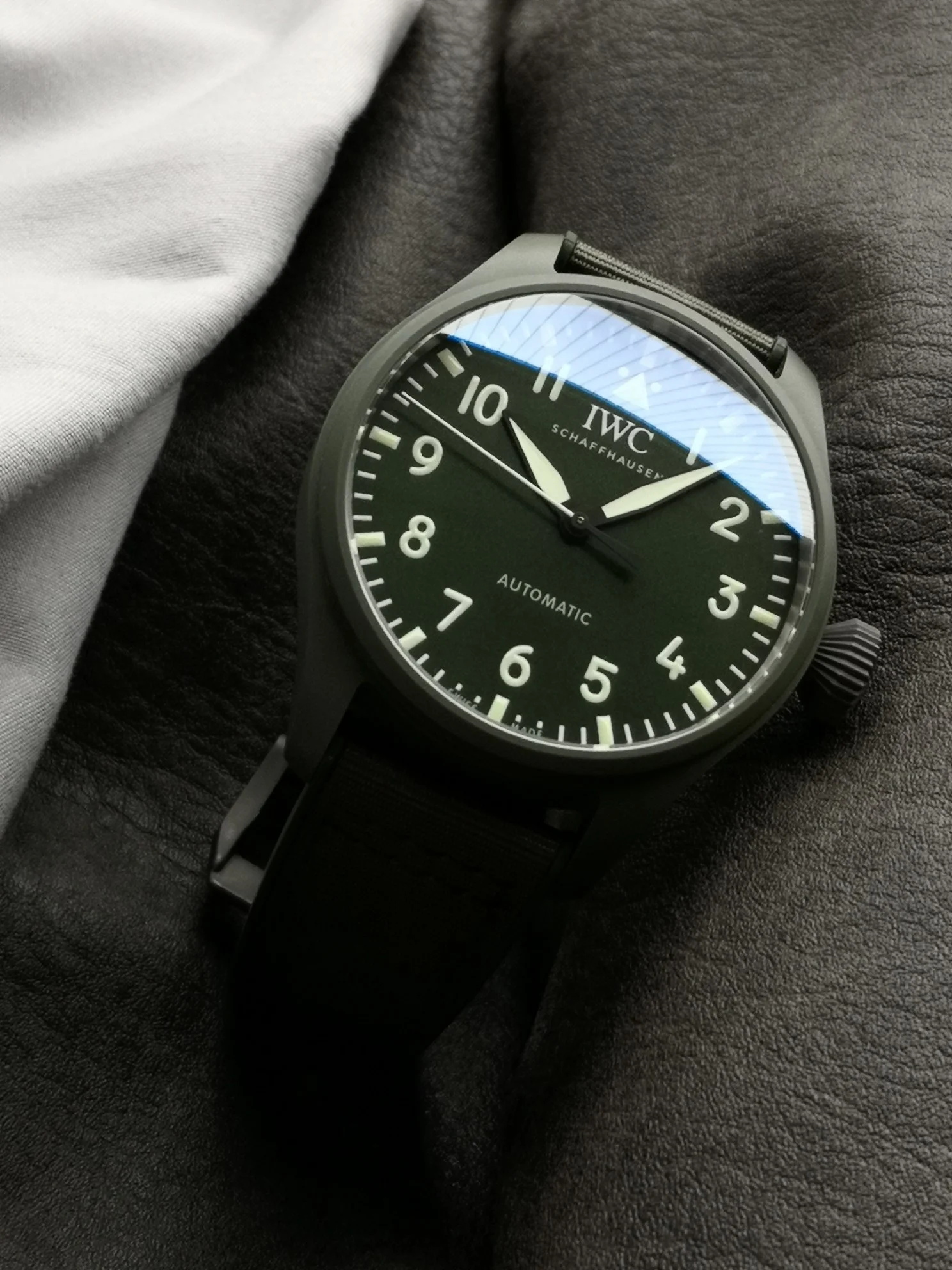 IWC Titanium Green Dial — photographed off the sweep
