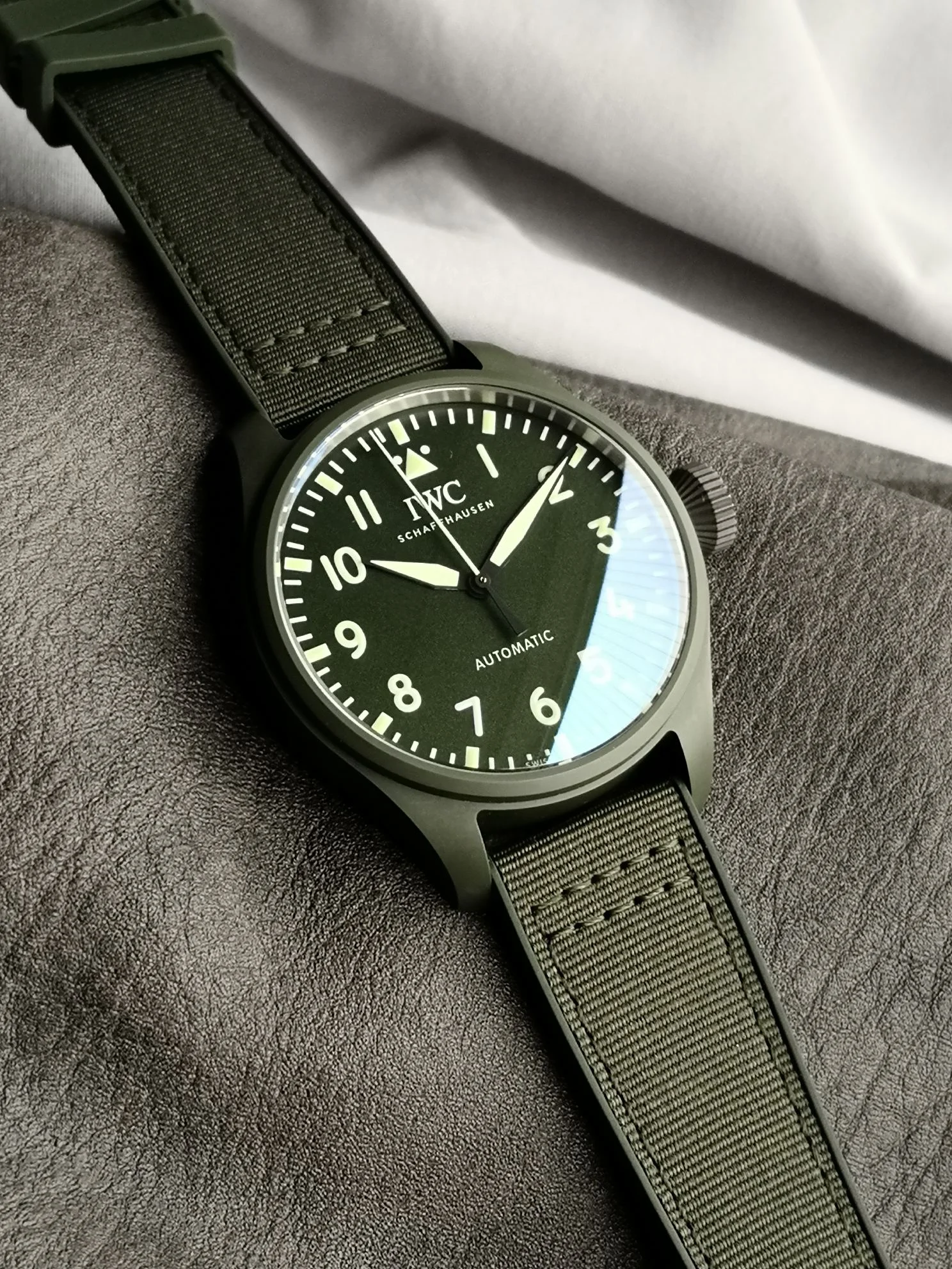 IWC Titanium Green Dial — photographed off the sweep