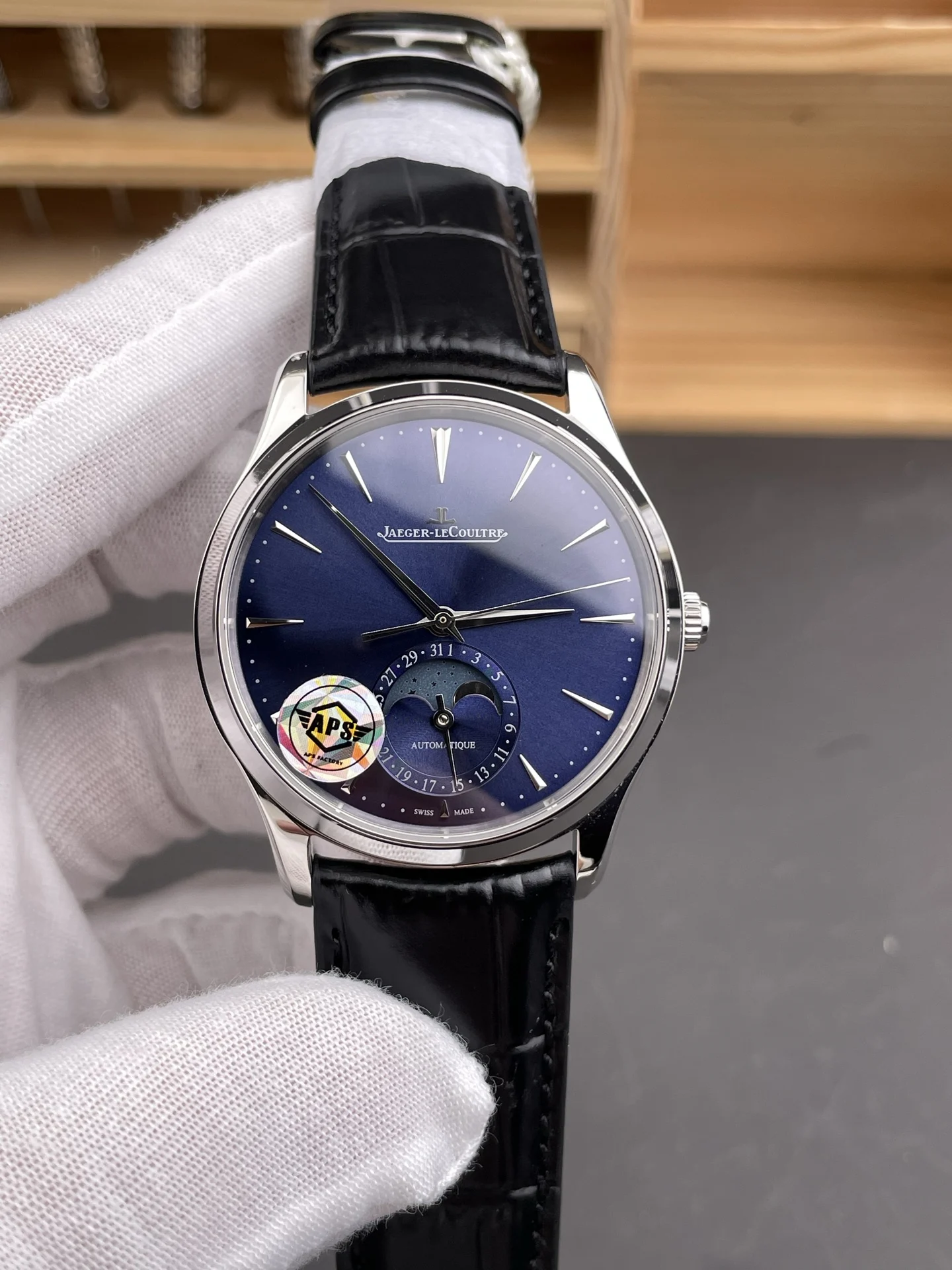 Jaeger-LeCoultre Moon Phase Blue Dial — photographed off the sweep