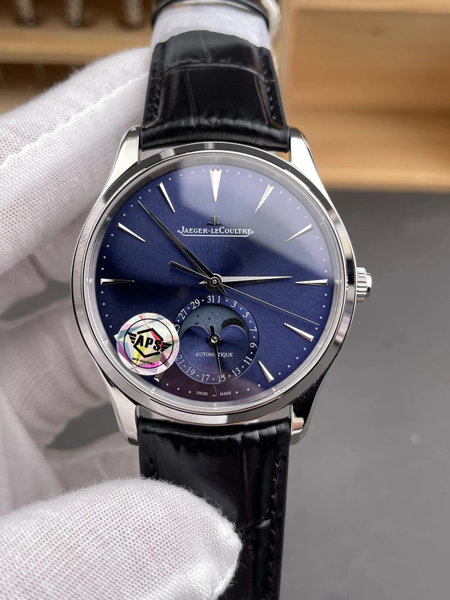 Jaeger-LeCoultre Moon Phase Blue Dial — photographed off the sweep