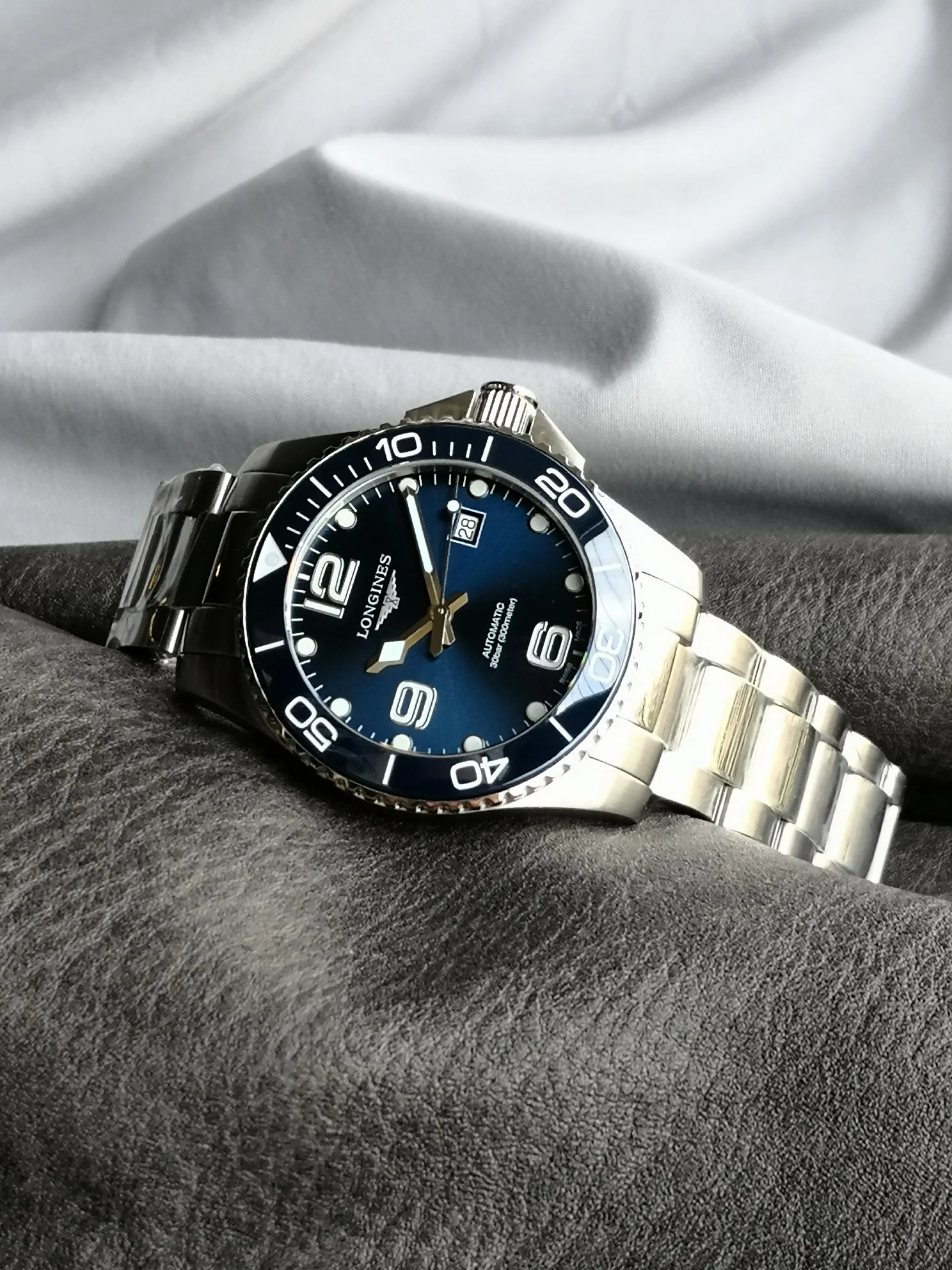 Longines Ceramic Blue Dial — photographed off the sweep