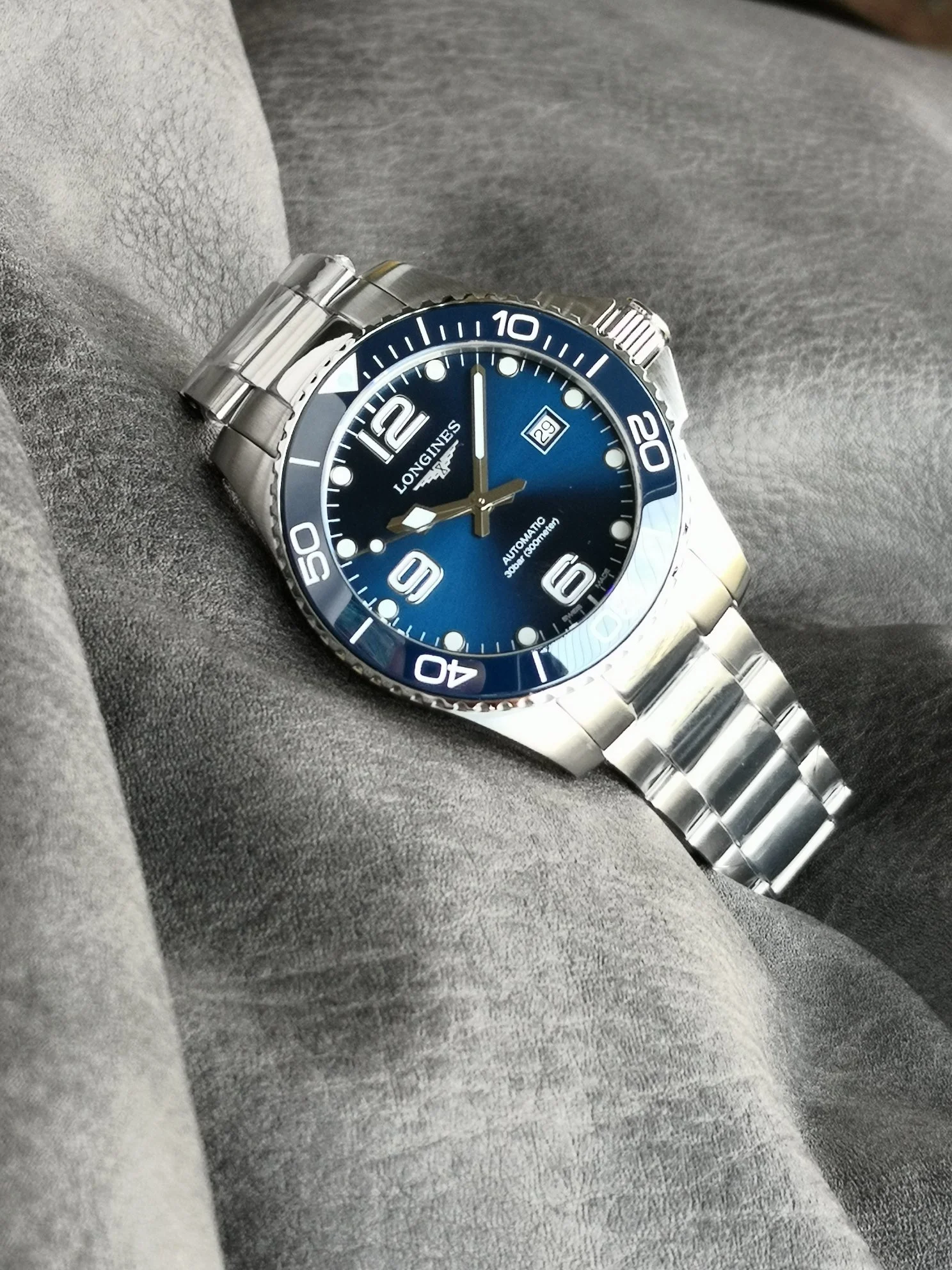 Longines Ceramic Blue Dial — photographed off the sweep