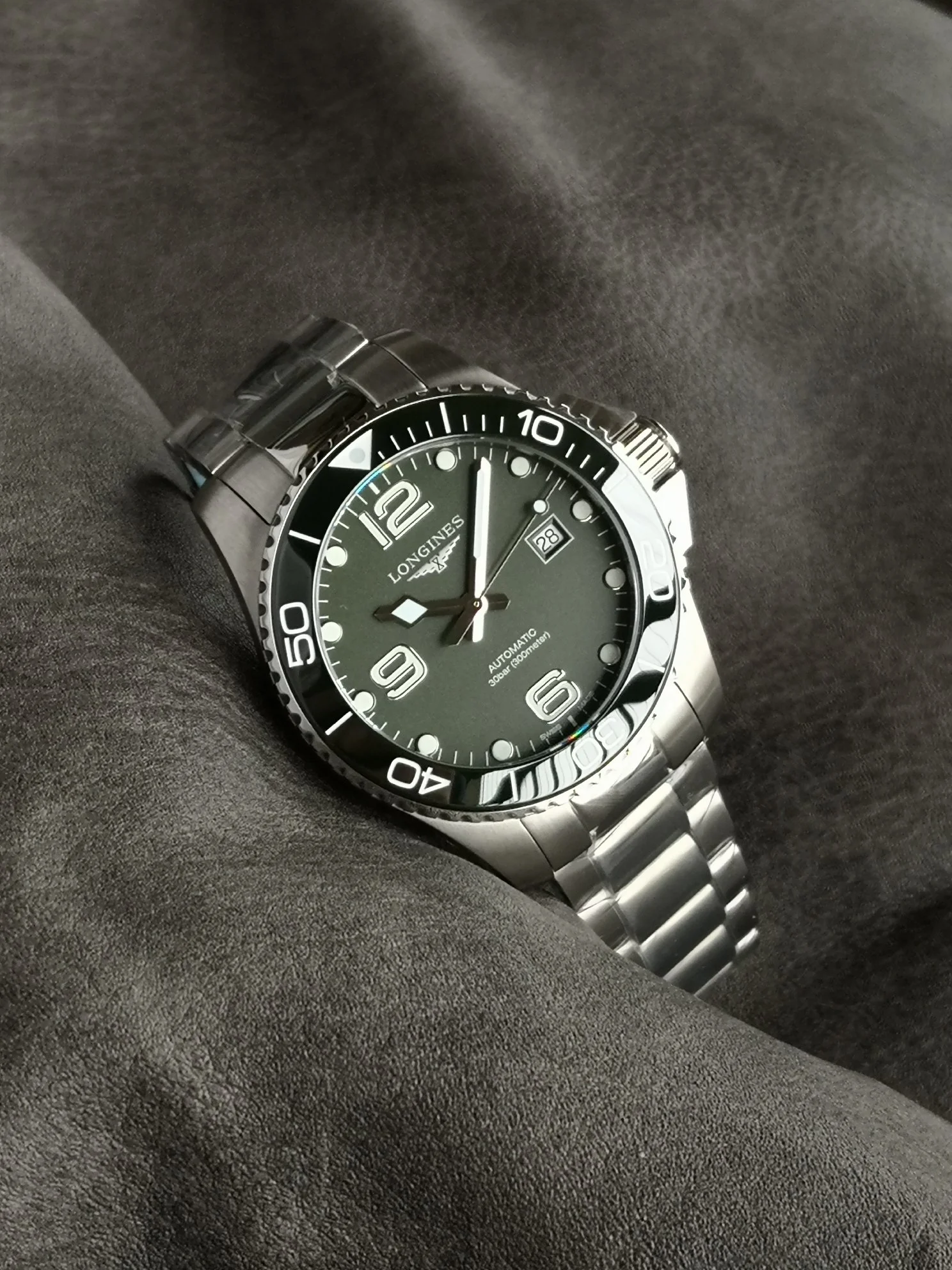 Longines Ceramic Green Dial — photographed off the sweep