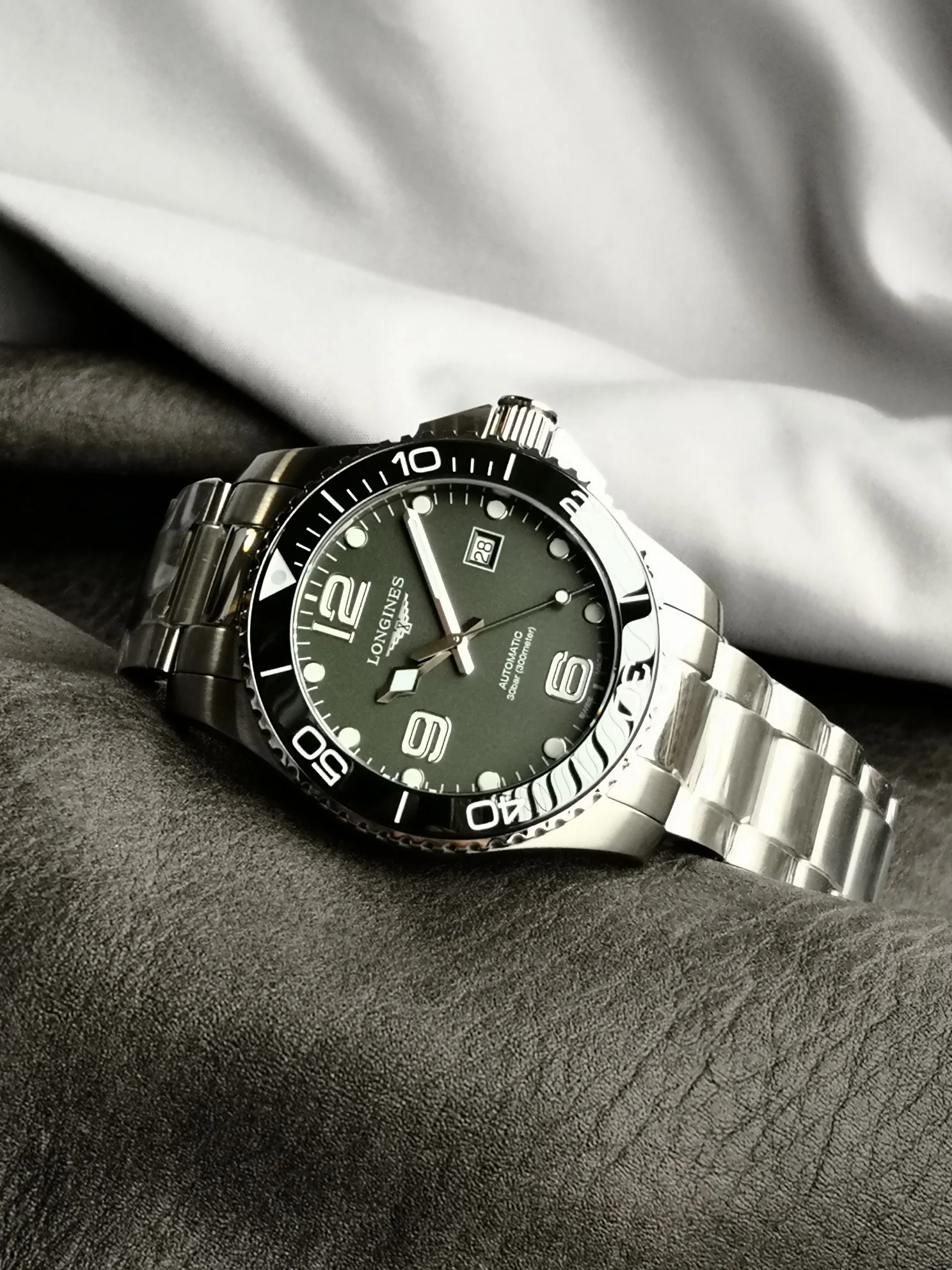 Longines Ceramic Green Dial — photographed off the sweep