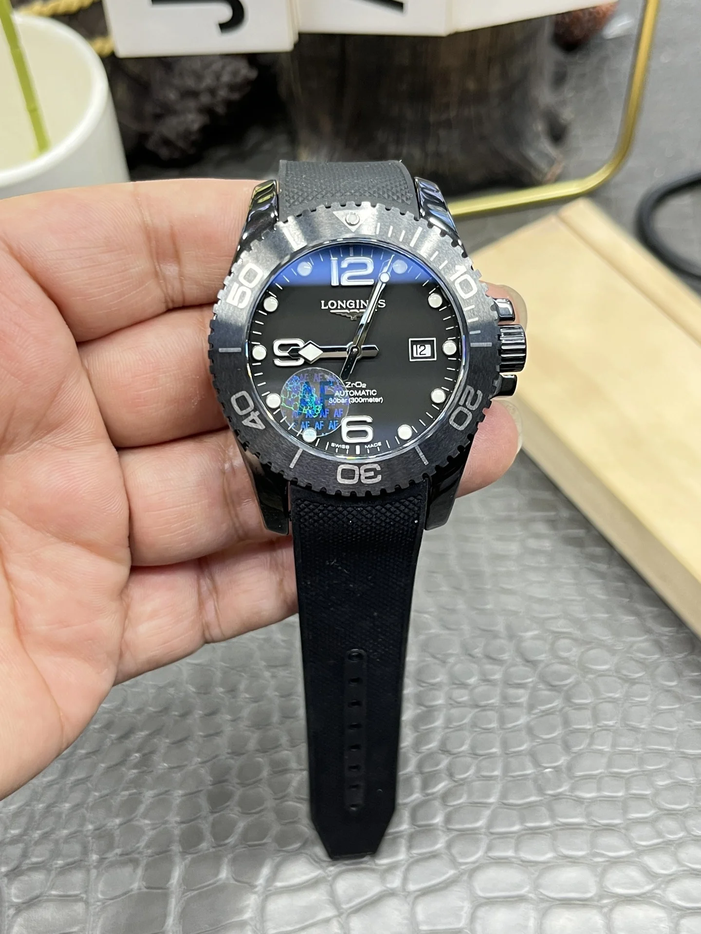 Longines Conquest Ceramic Black Dial 43mm — photographed off the sweep