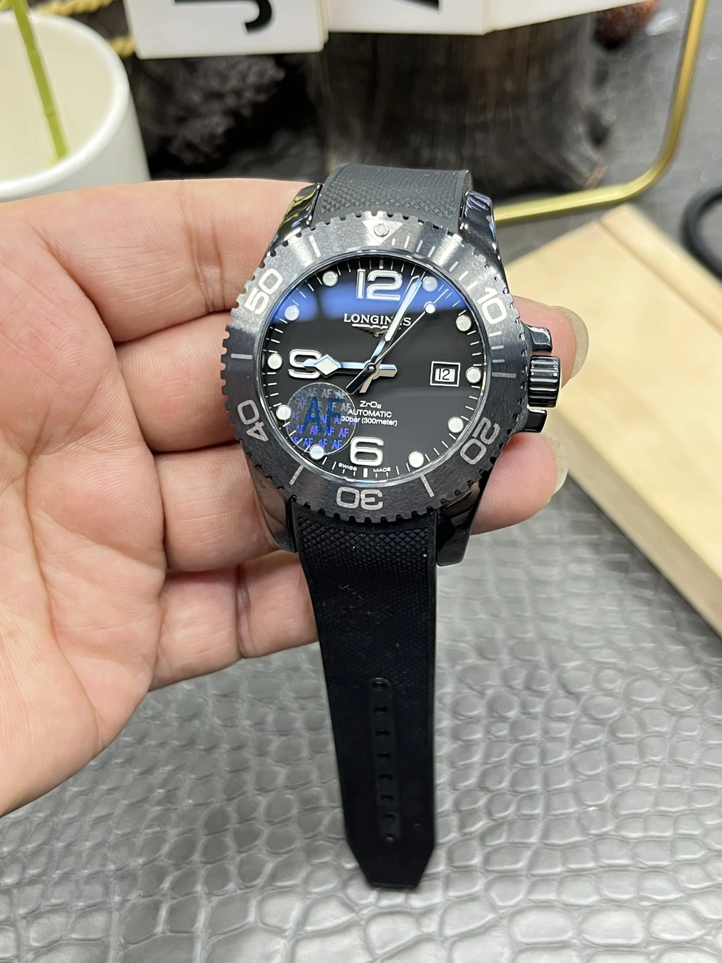 Longines Conquest Ceramic Black Dial 43mm — photographed off the sweep