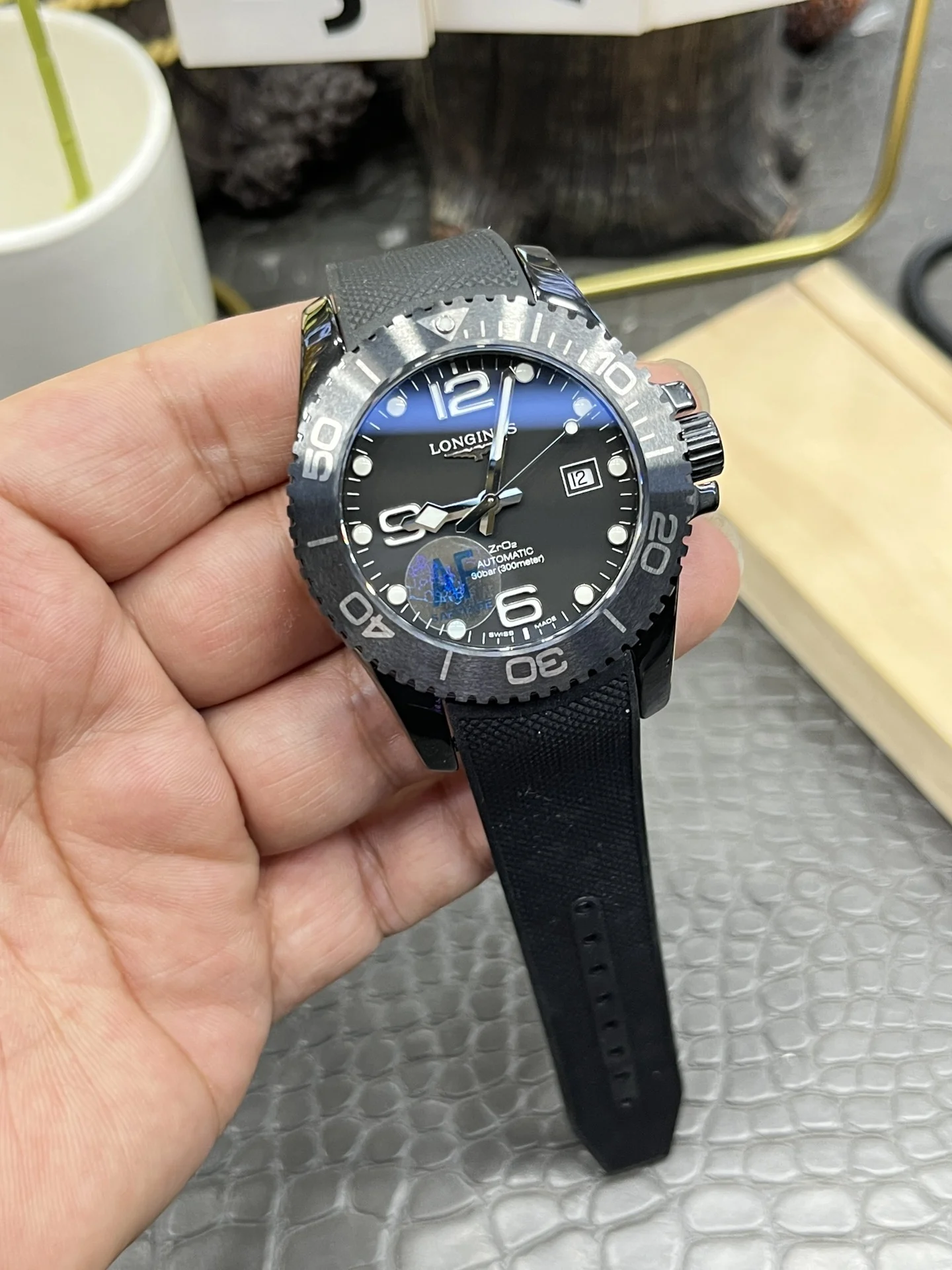 Longines Conquest Ceramic Black Dial 43mm — photographed off the sweep