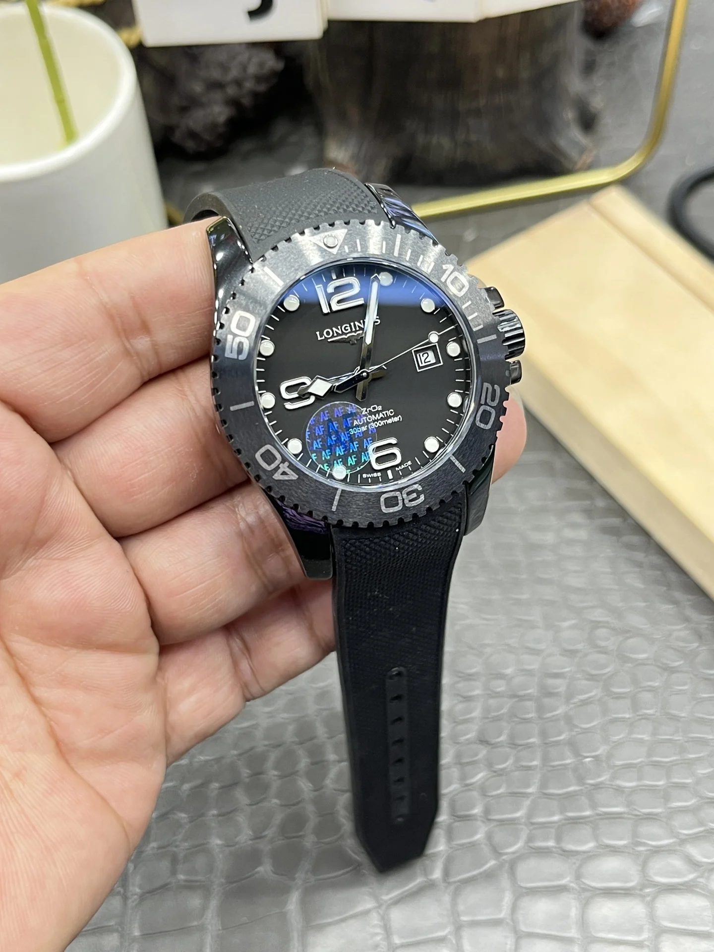Longines Conquest Ceramic Black Dial 43mm — photographed off the sweep
