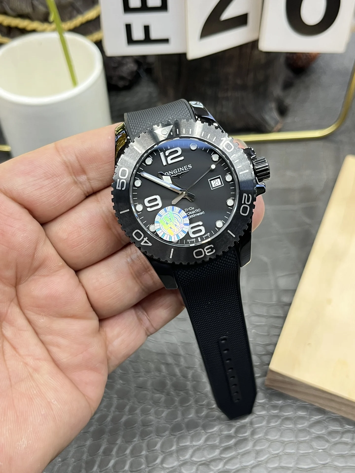 Longines Conquest Ceramic Black Dial 43mm — photographed off the sweep
