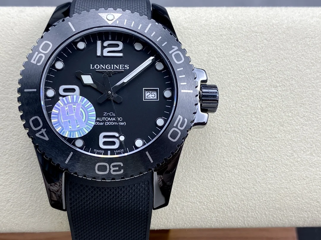 Longines Conquest Ceramic Black Dial Diamond-Set 43mm — photographed off the sweep