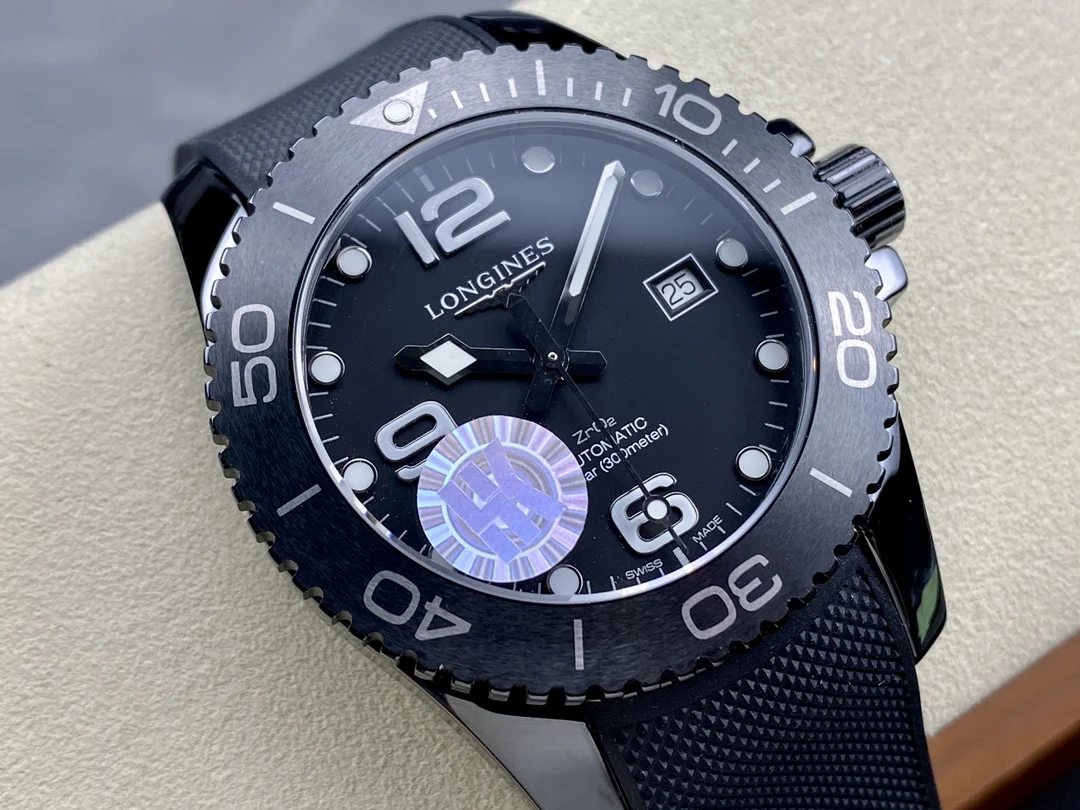 Longines Conquest Ceramic Black Dial Diamond-Set 43mm — photographed off the sweep