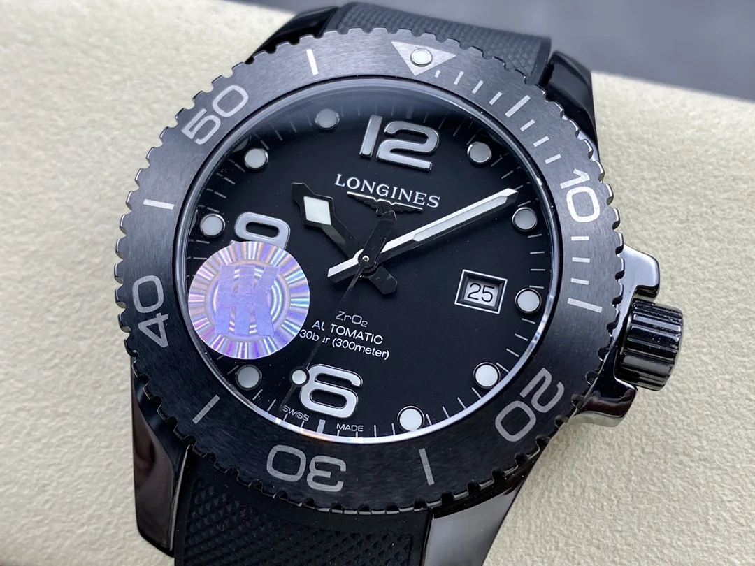 Longines Conquest Ceramic Black Dial Diamond-Set 43mm — photographed off the sweep