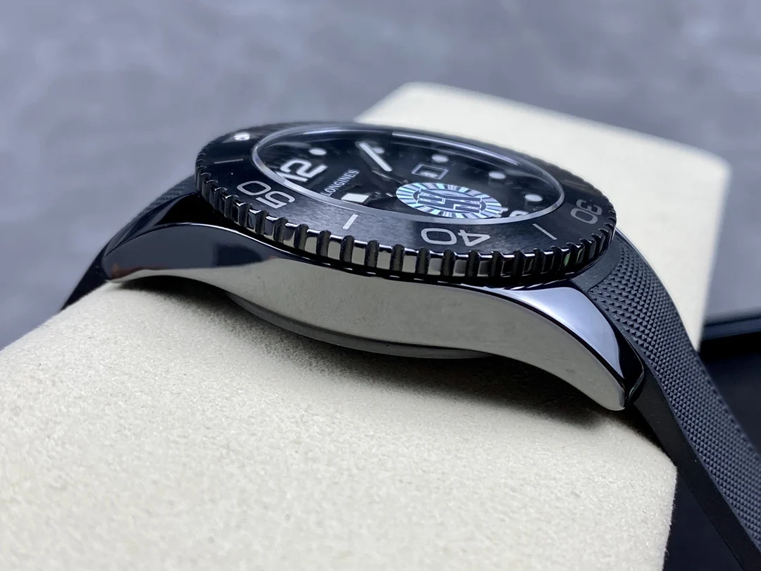 Longines Conquest Ceramic Black Dial Diamond-Set 43mm — photographed off the sweep
