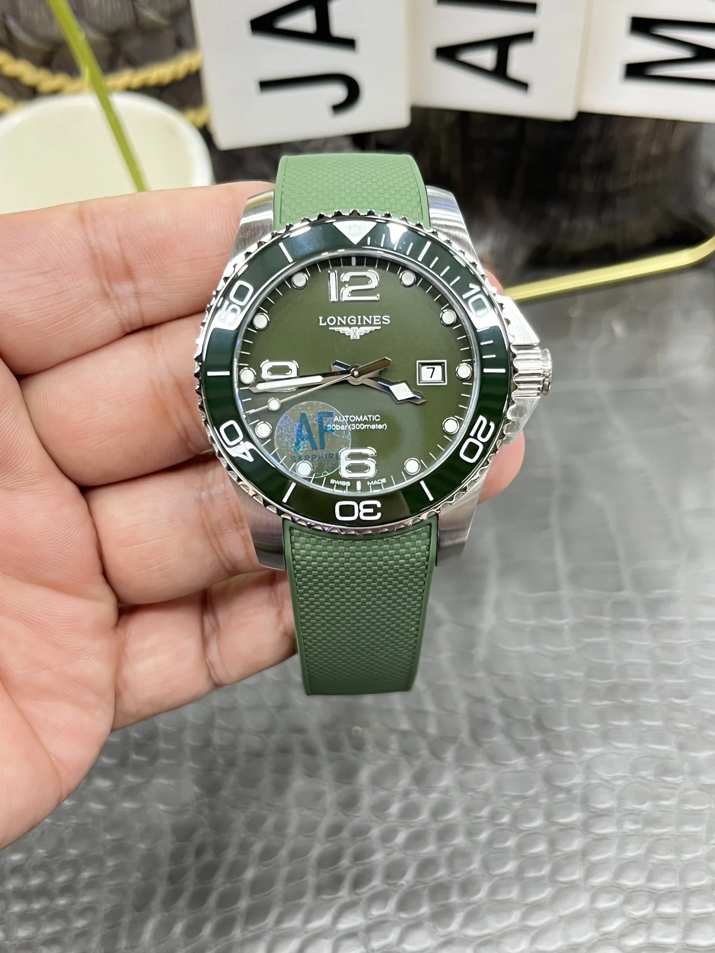 Longines Conquest Green Dial — photographed off the sweep