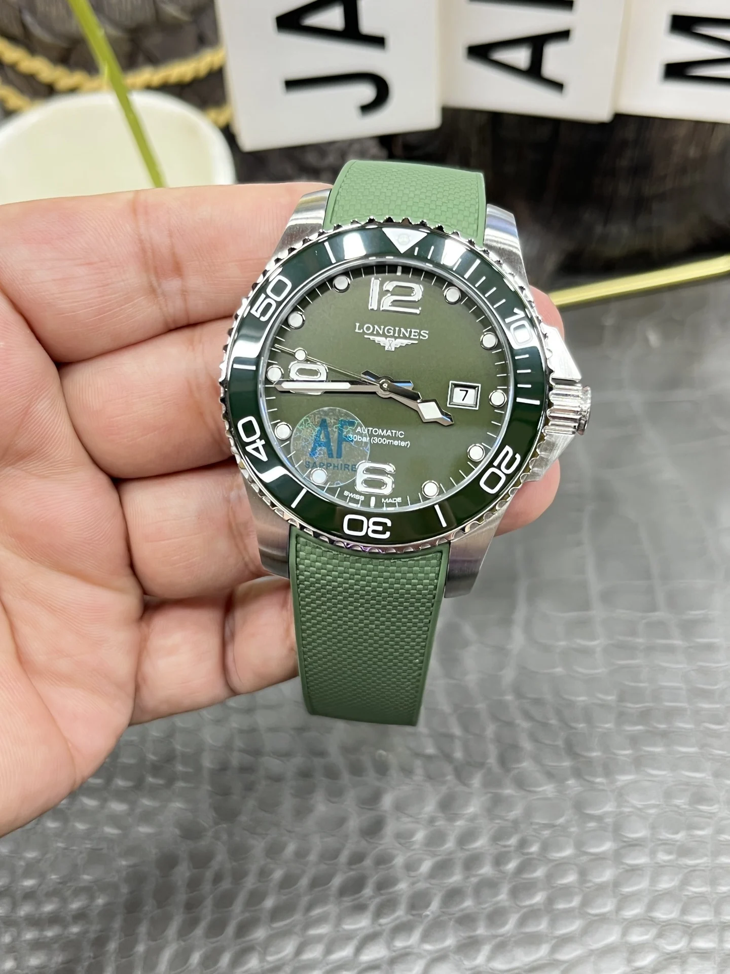 Longines Conquest Green Dial — photographed off the sweep