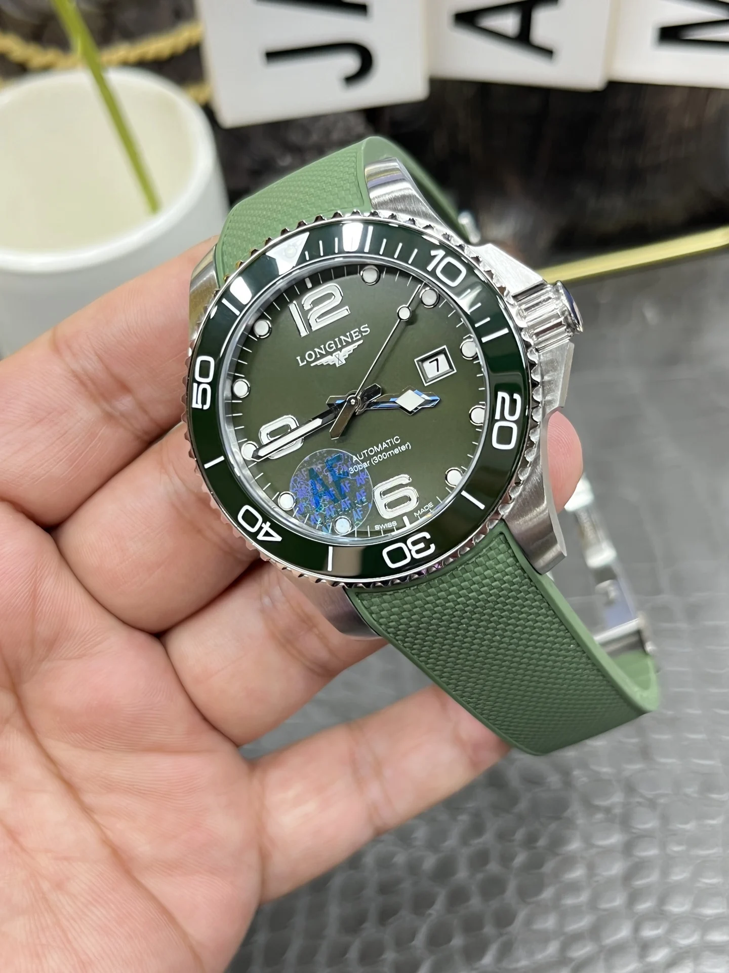 Longines Conquest Green Dial — photographed off the sweep