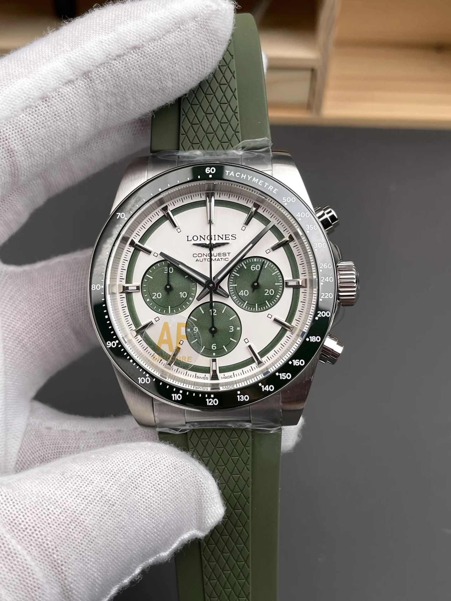 Longines Conquest Panda Green Dial — photographed off the sweep